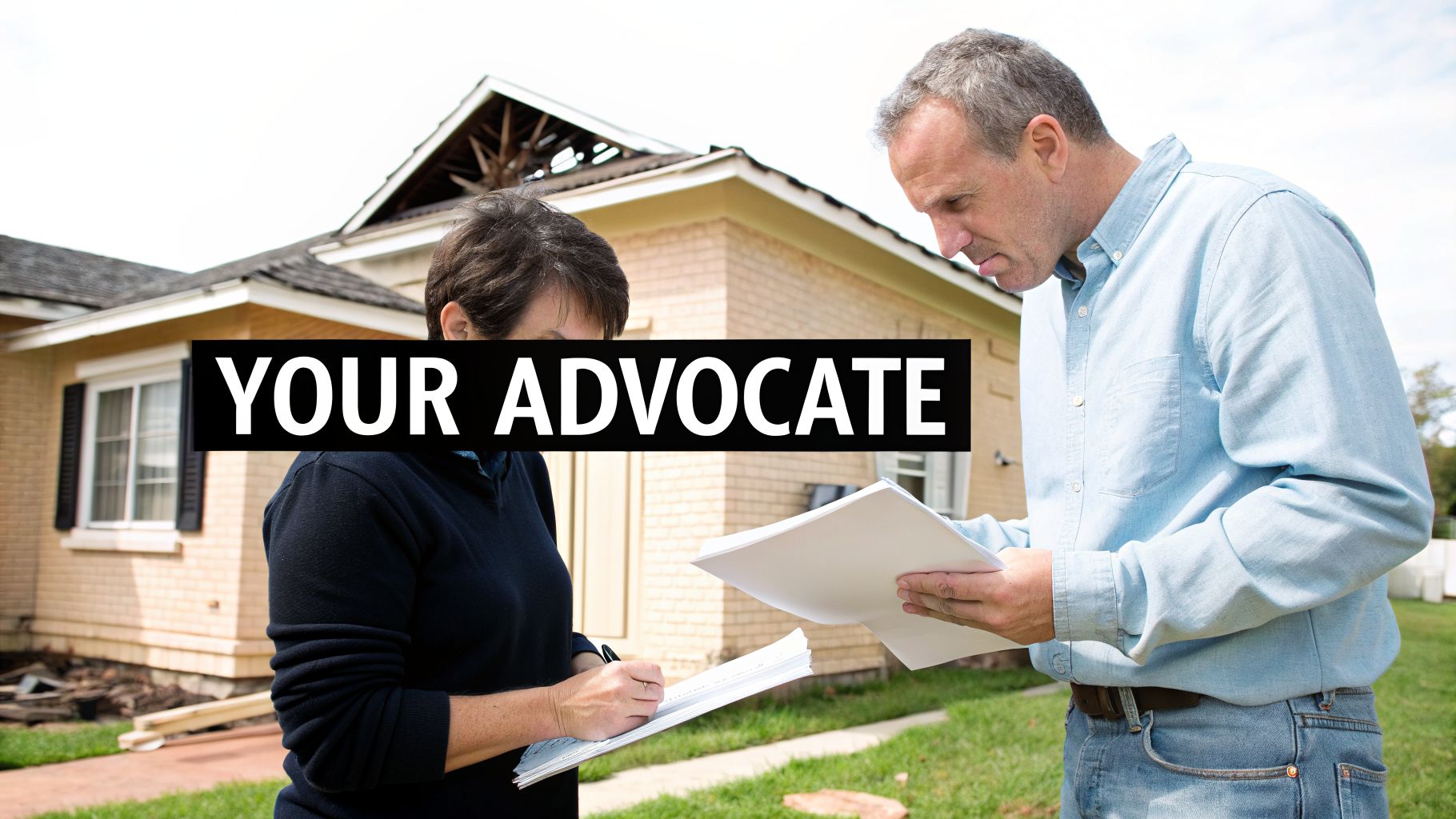 Two people, an adjuster and a homeowner, reviewing documents outside a damaged house.