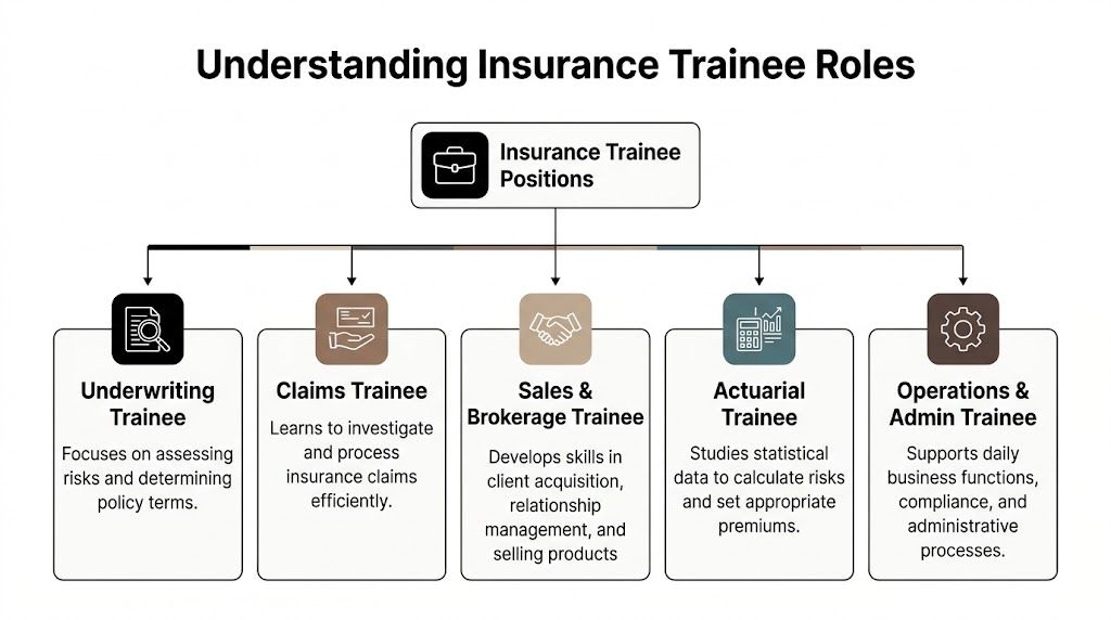 A diagram outlining five key insurance trainee positions including underwriting, claims, sales, actuarial, and operations roles.