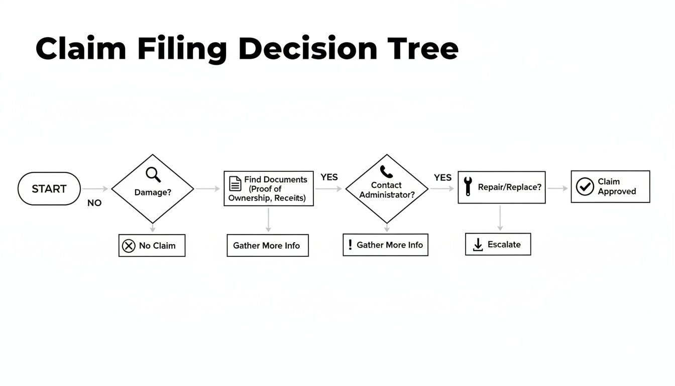 A flowchart detailing the claim filing decision tree, from initial damage assessment to claim approval or escalation.