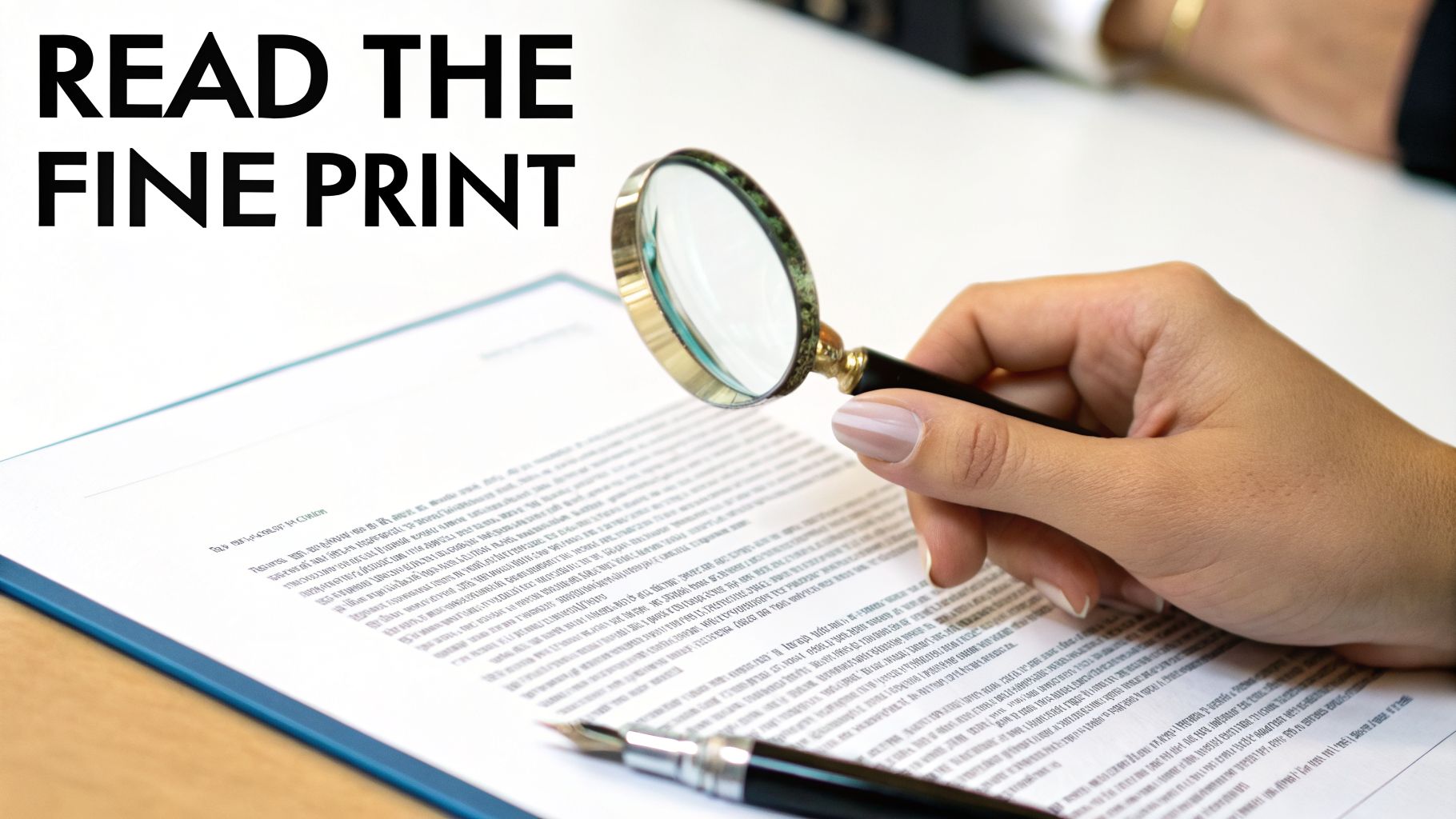 A hand holds a magnifying glass over a document with text, emphasizing 'READ THE FINE PRINT'.