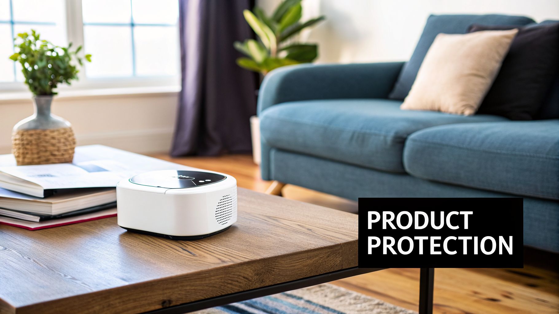 A white electronic device on a wooden coffee table in a living room with a blue sofa. Text overlay reads "PRODUCT PROTECTION".