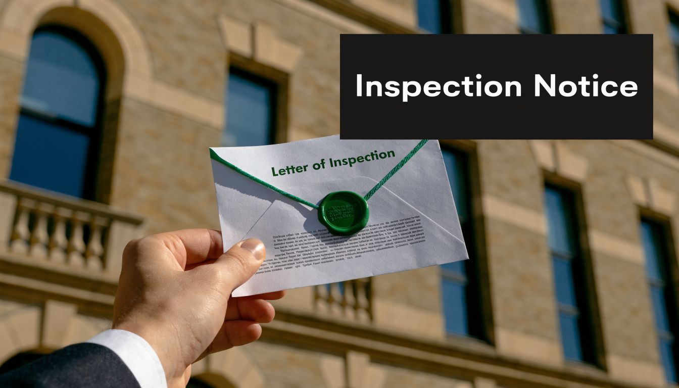 A businessman holds a formal white envelope with a green wax seal labeled Letter of Inspection.
