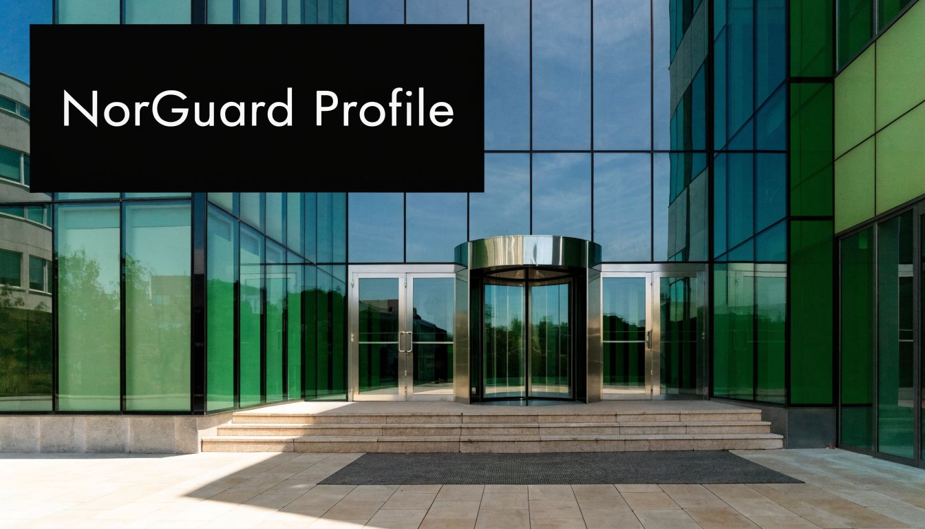 A modern glass office building entrance featuring a revolving door, stone steps, and contemporary architectural design.
