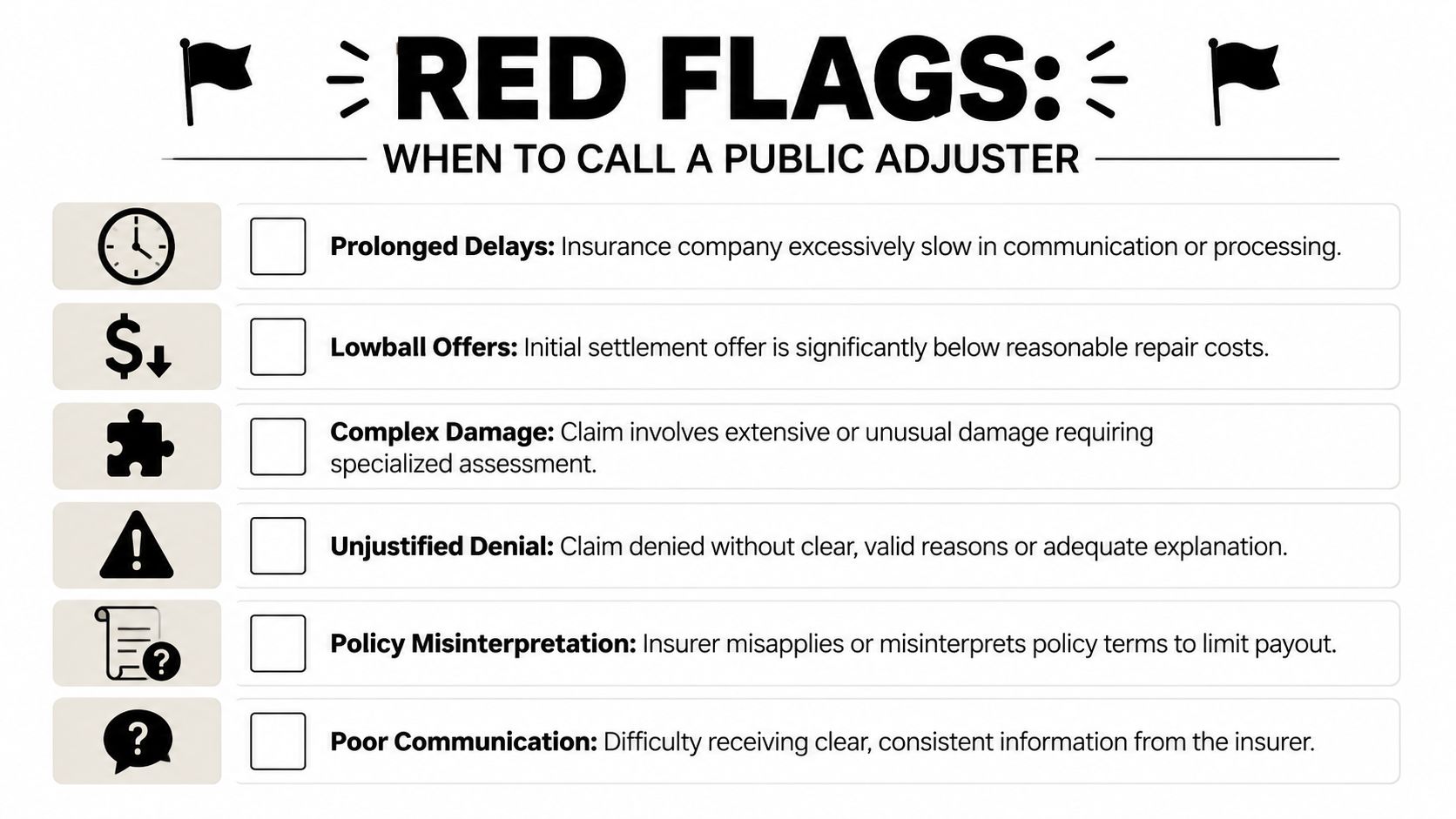 A list of red flag signs indicating when it is necessary to call a public insurance adjuster.