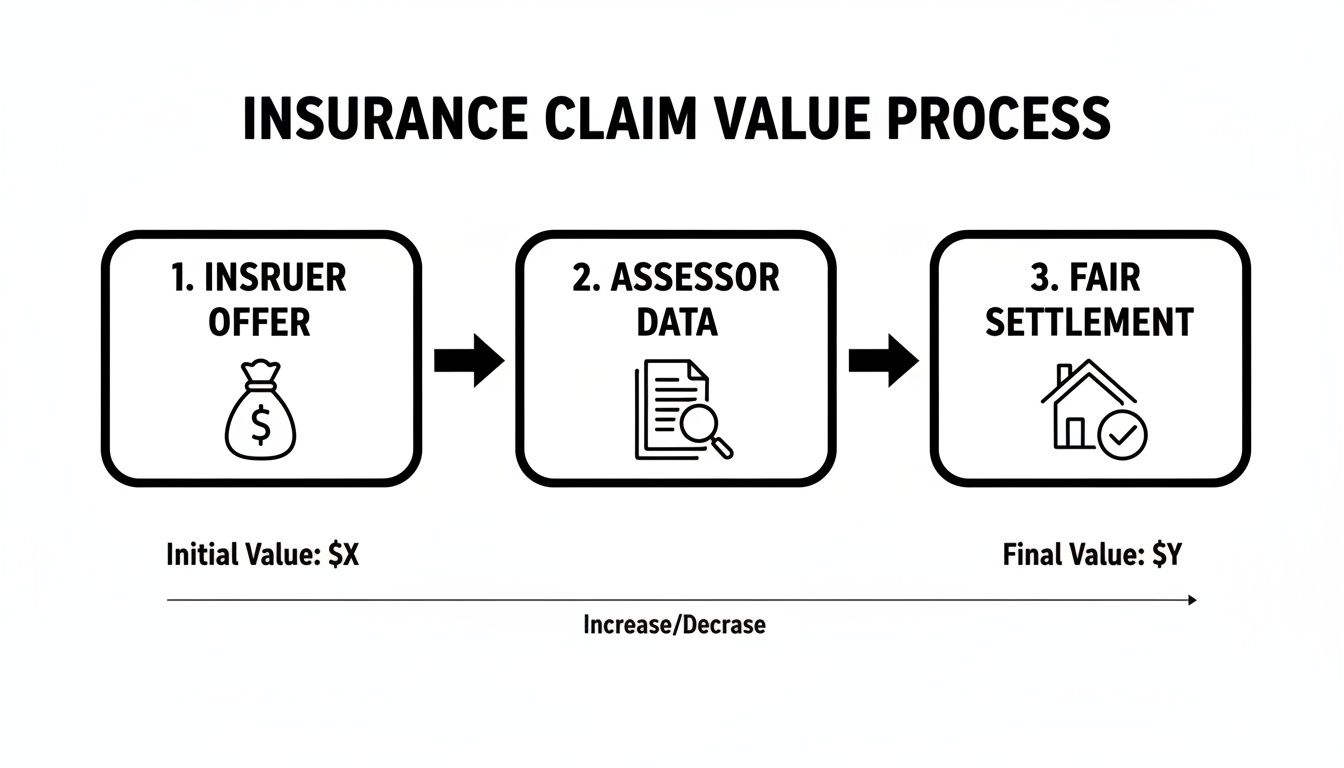 Diagram illustrating the insurance claim value process, showing steps from insurer offer to fair settlement.