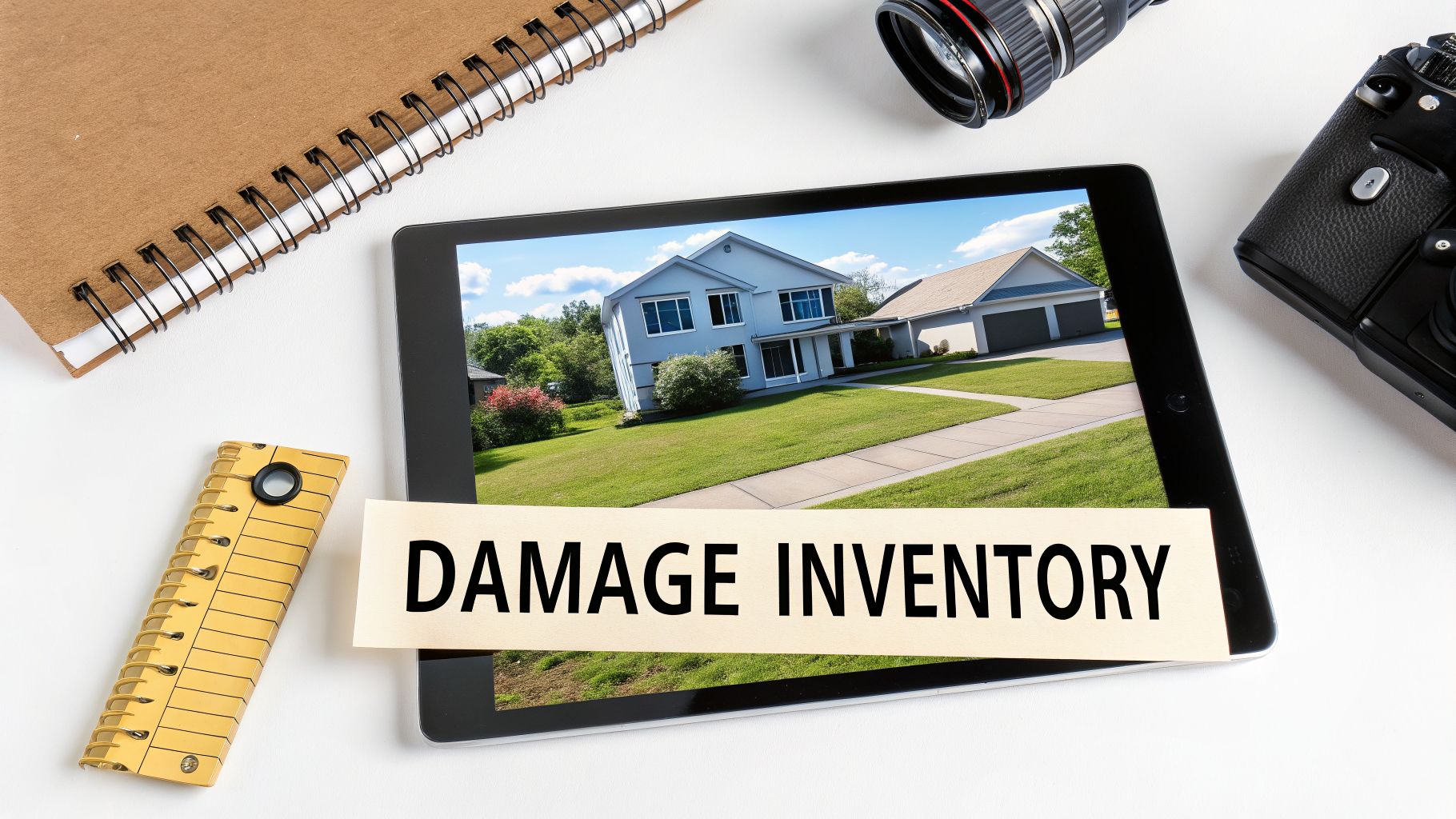 Tablet displaying a residential house with a 'DAMAGE INVENTORY' note, beside a notebook and camera.