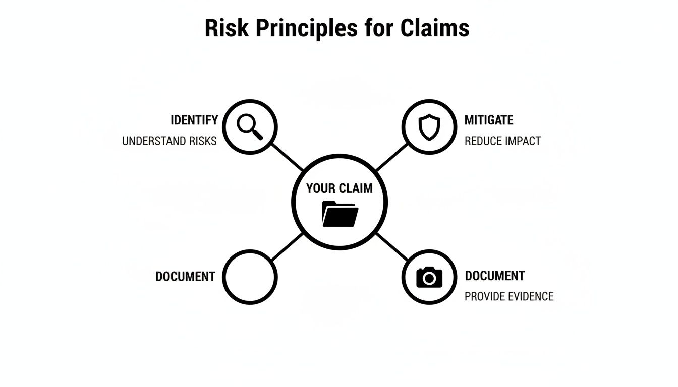 Diagram illustrating four risk principles for claims: Identify, Mitigate, Document evidence.