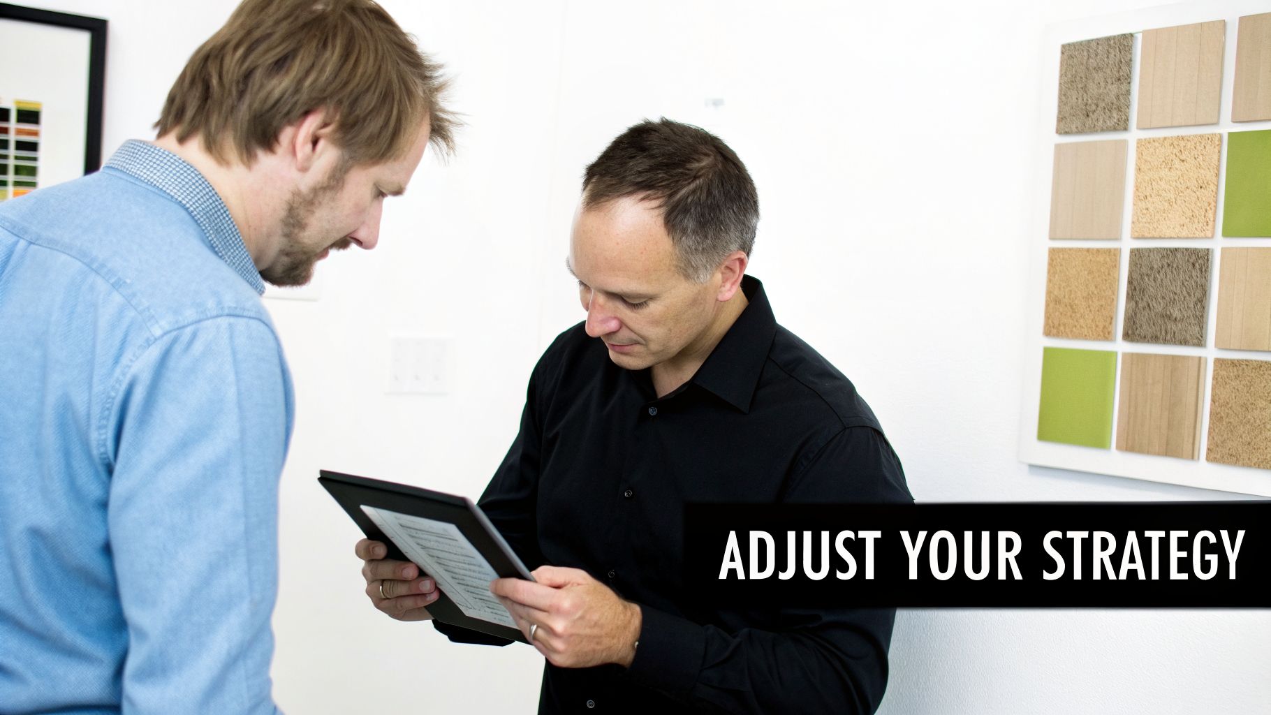 Two men discuss information on a tablet, looking down. A text overlay says 'Adjust Your Strategy'.