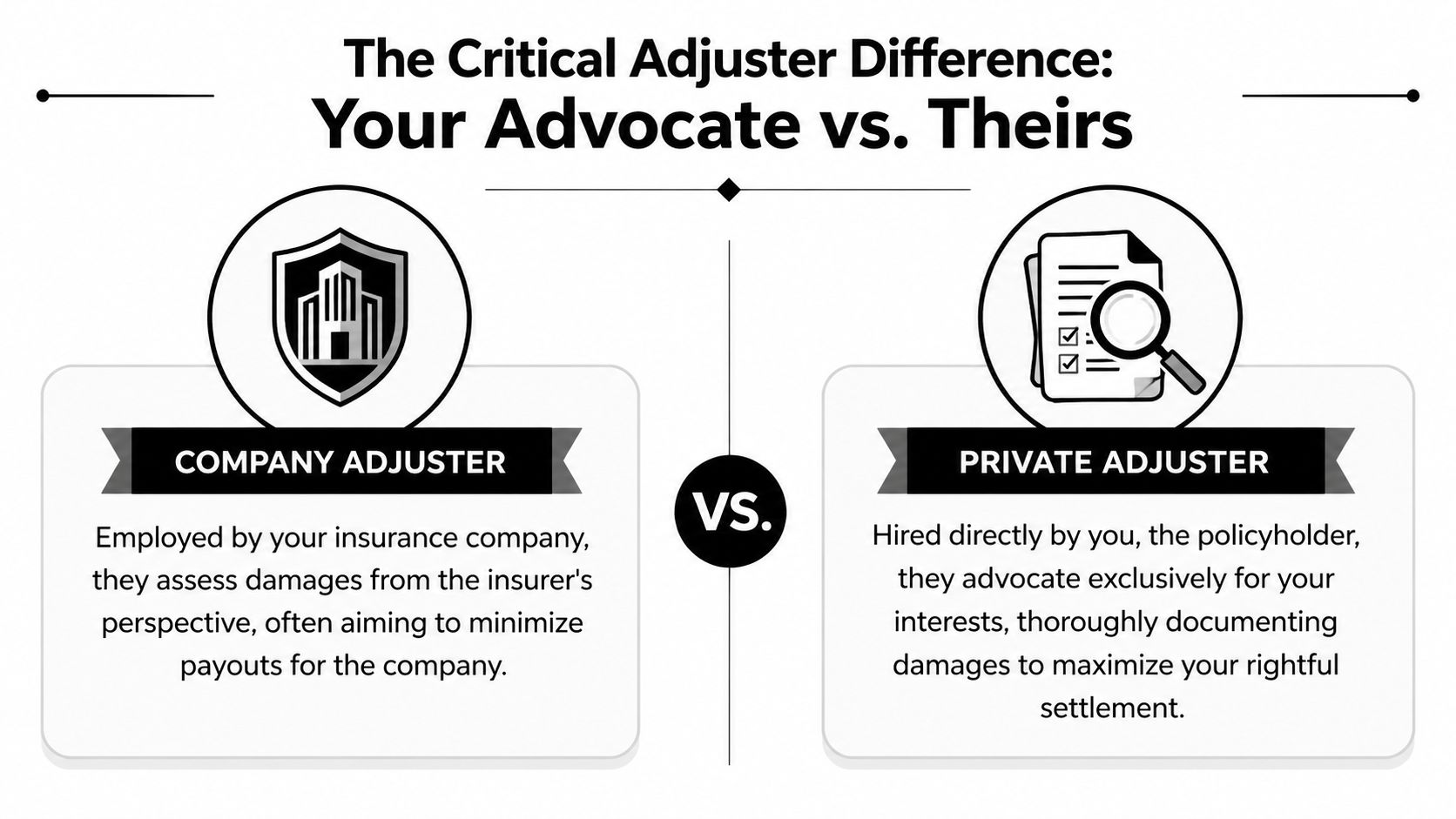 A comparison chart showing the differences between a company adjuster and a private claims adjuster.