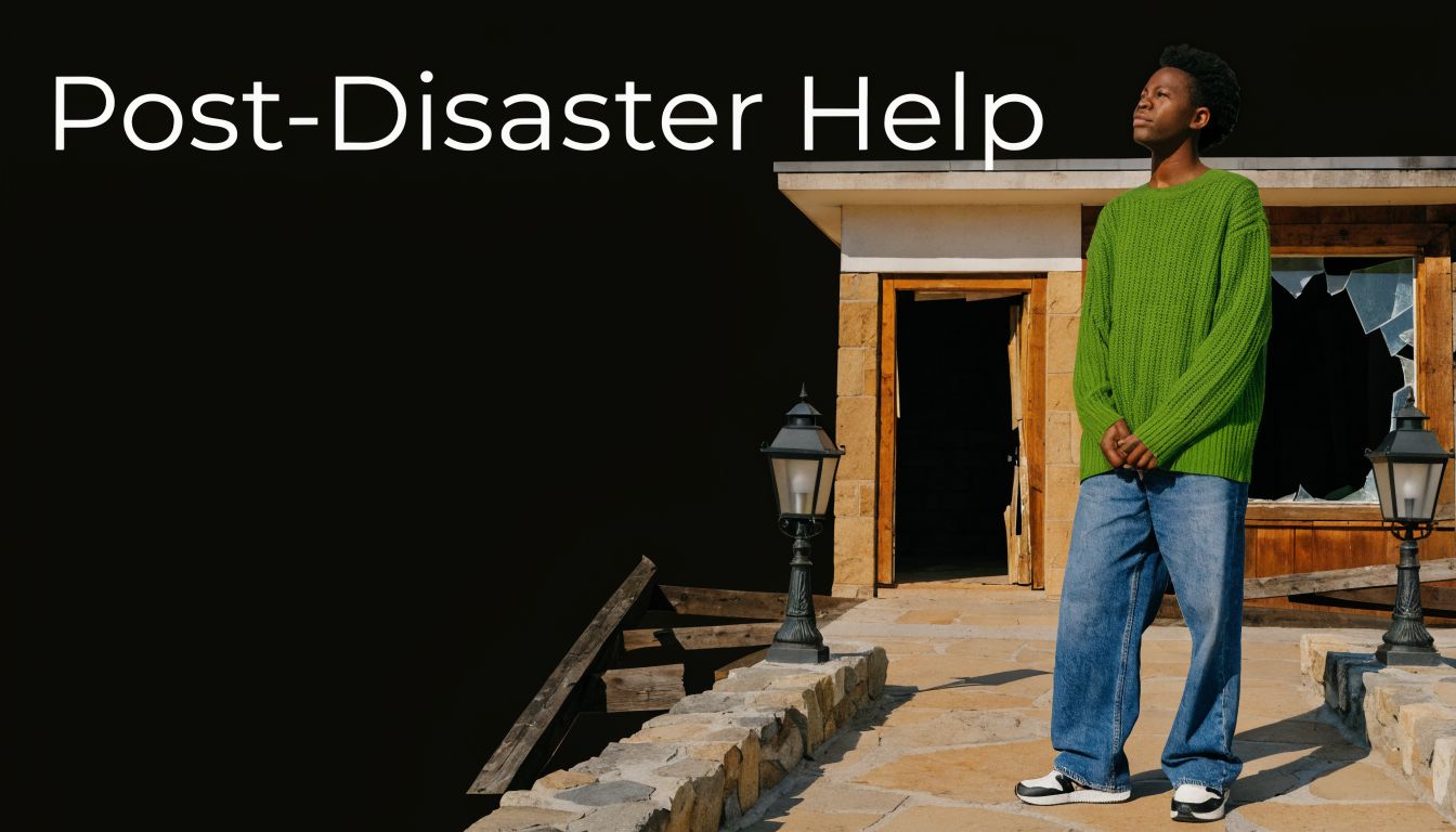 A young man in a green sweater standing outside a house that suffered storm or disaster damage.