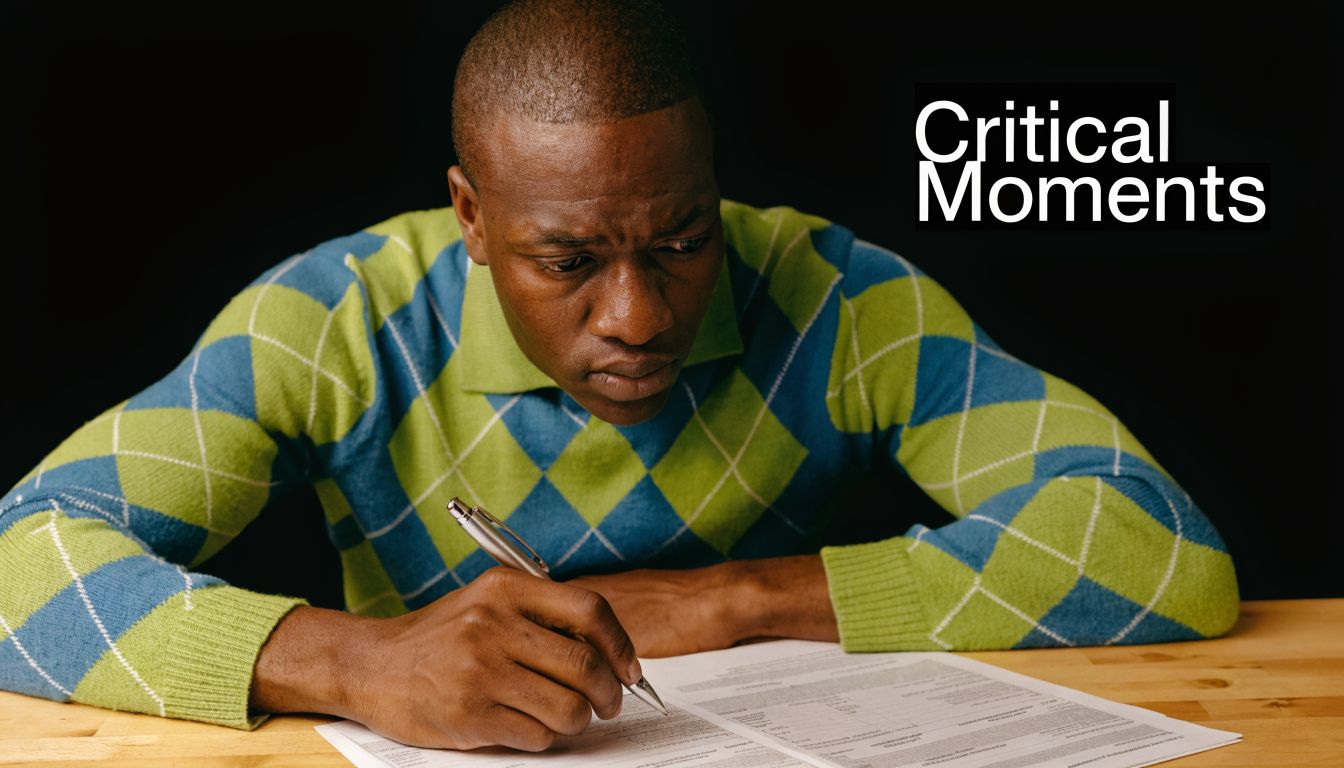 A focused man wearing a green and blue argyle sweater writes on documents at a table.