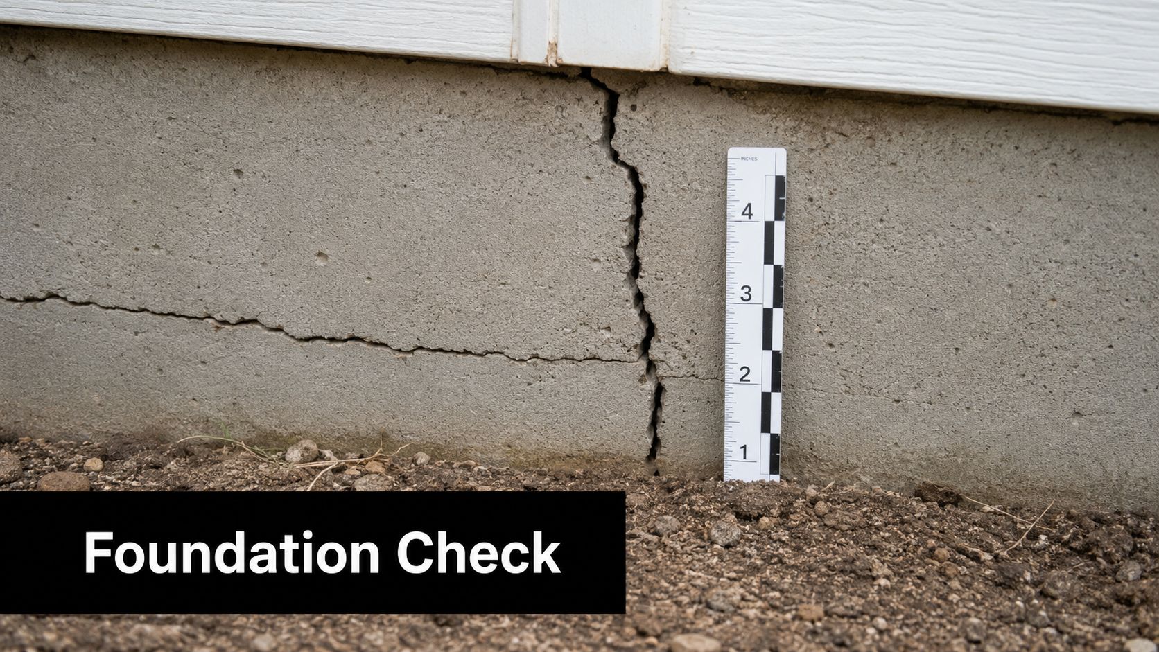 A close-up view of a concrete house foundation showing a crack with a measuring tool for assessment.