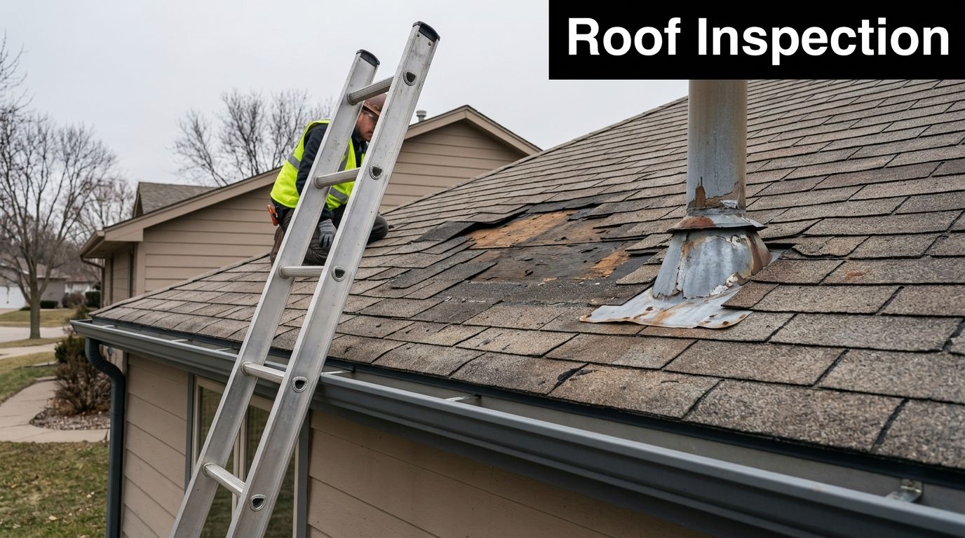 A professional roofing contractor performs an inspection on a residential house roof with damaged shingles.