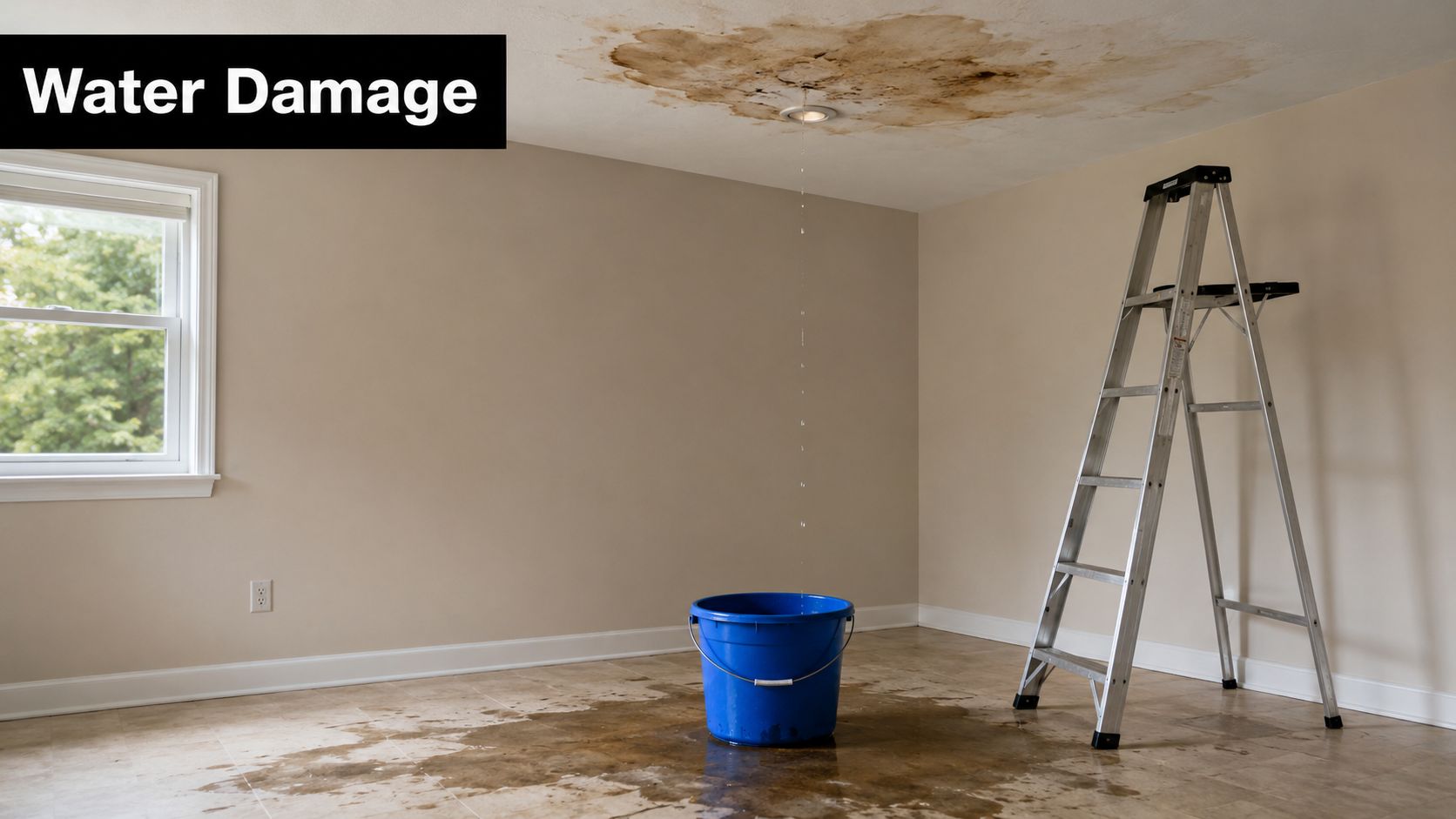 A blue bucket catches water leaking from a damaged ceiling with water stains in a room.