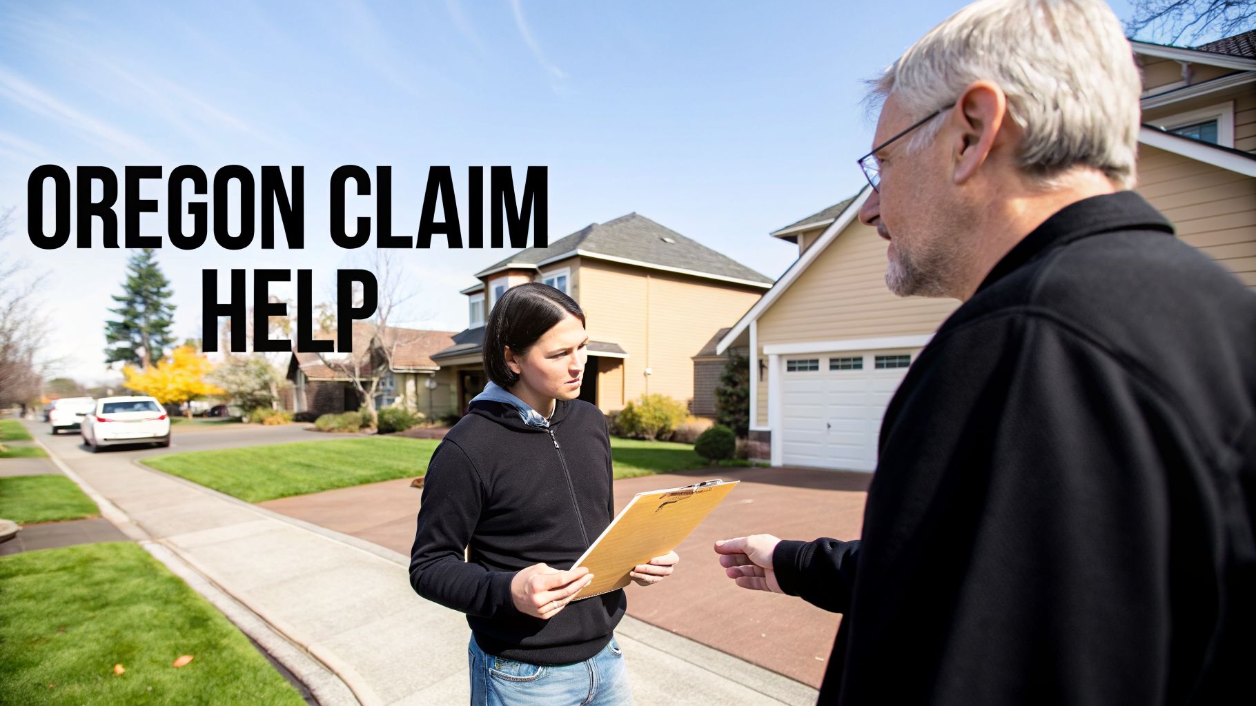 Two people, a woman holding a clipboard and an older man, discussing a claim in an Oregon neighborhood under 'OREGON CLAIM HELP' text.