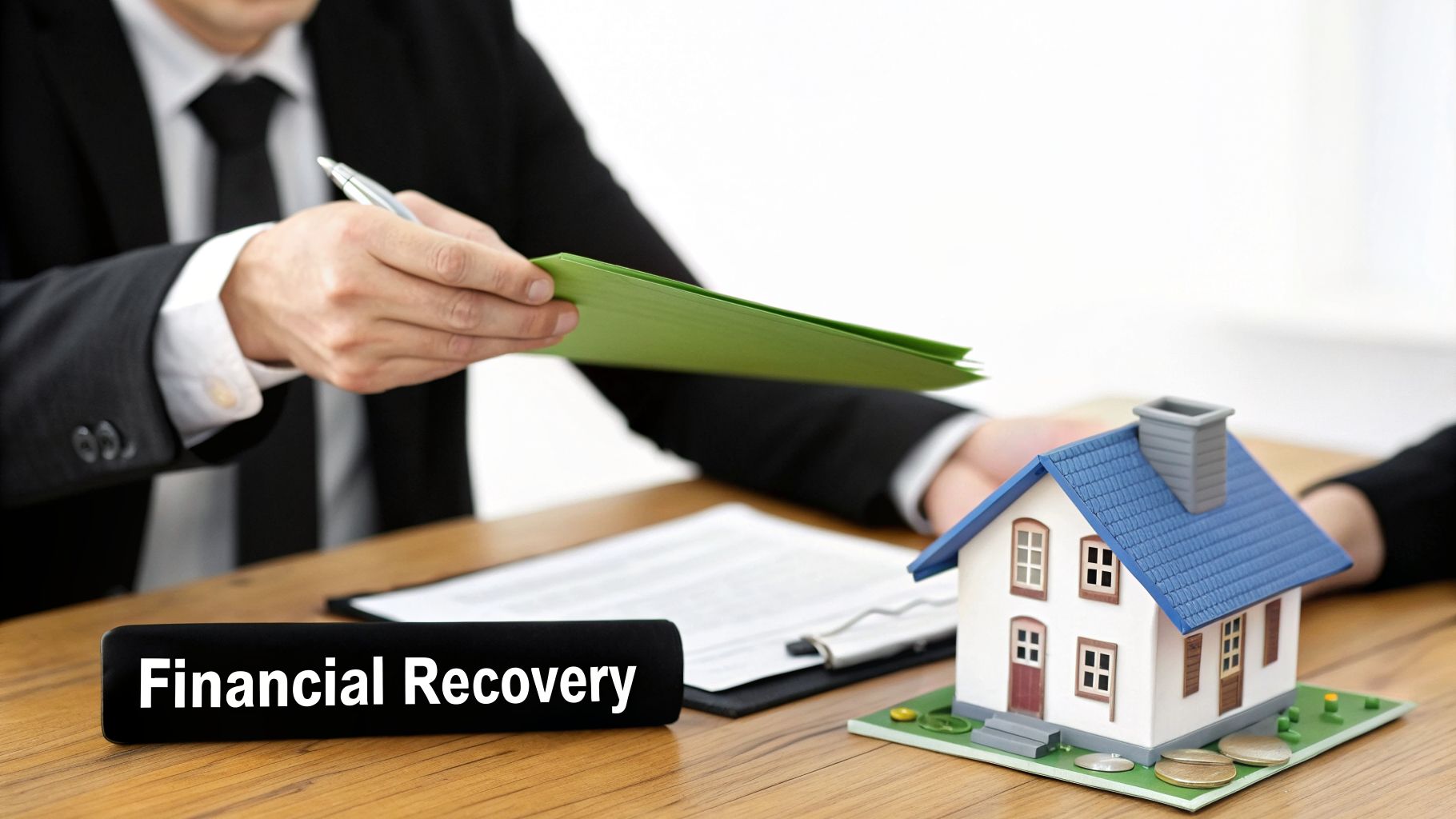 A man in a suit presenting financial documents next to a house model and 'Financial Recovery' text.