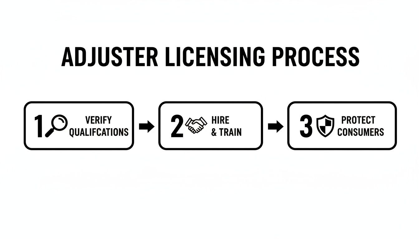 An infographic detailing the three steps of the Adjuster Licensing Process: Verify Qualifications, Hire & Train, and Protect Consumers.
