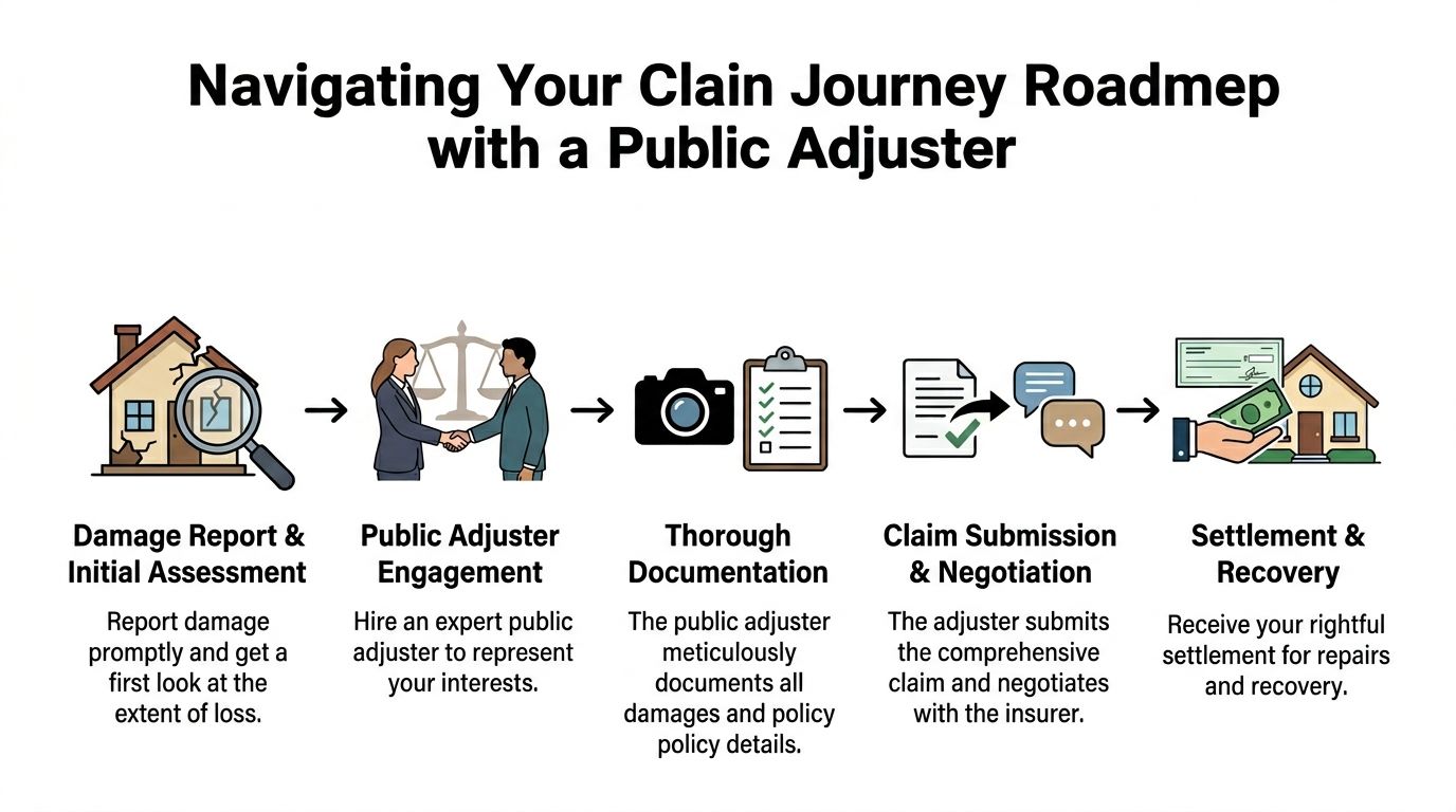 A five-step roadmap infographic illustrating the professional claim journey process when working with a public adjuster.