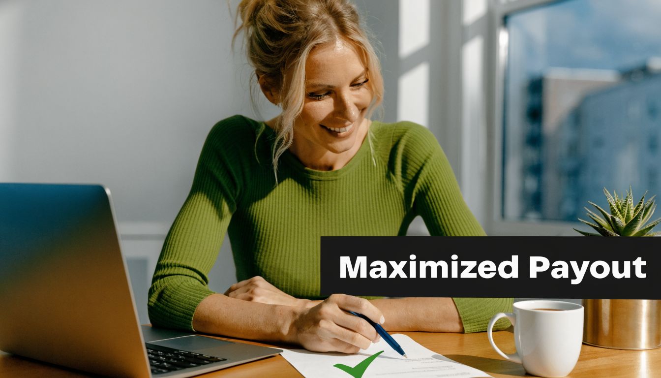 A woman smiling while reviewing a document with a green checkmark symbol at her desk.