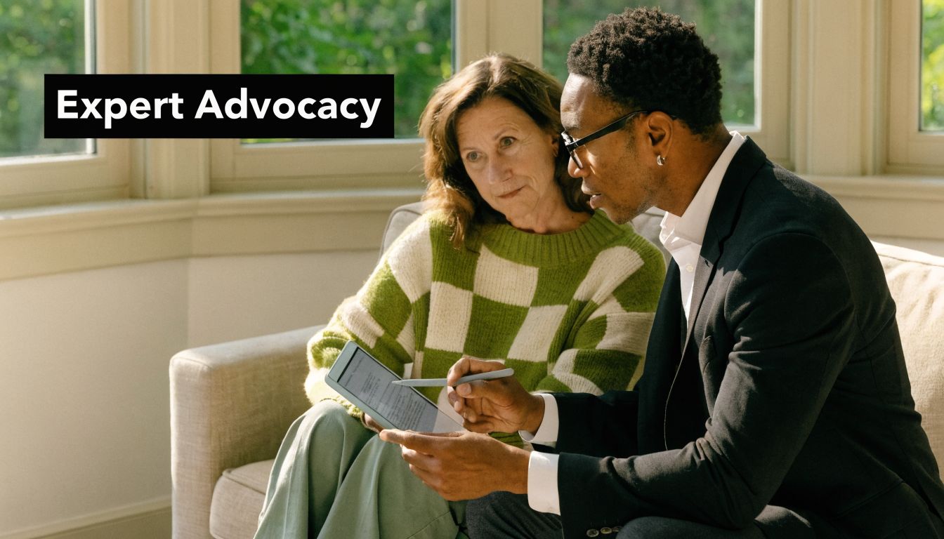 A professional advisor reviews legal or insurance documents on a tablet with an attentive female client.