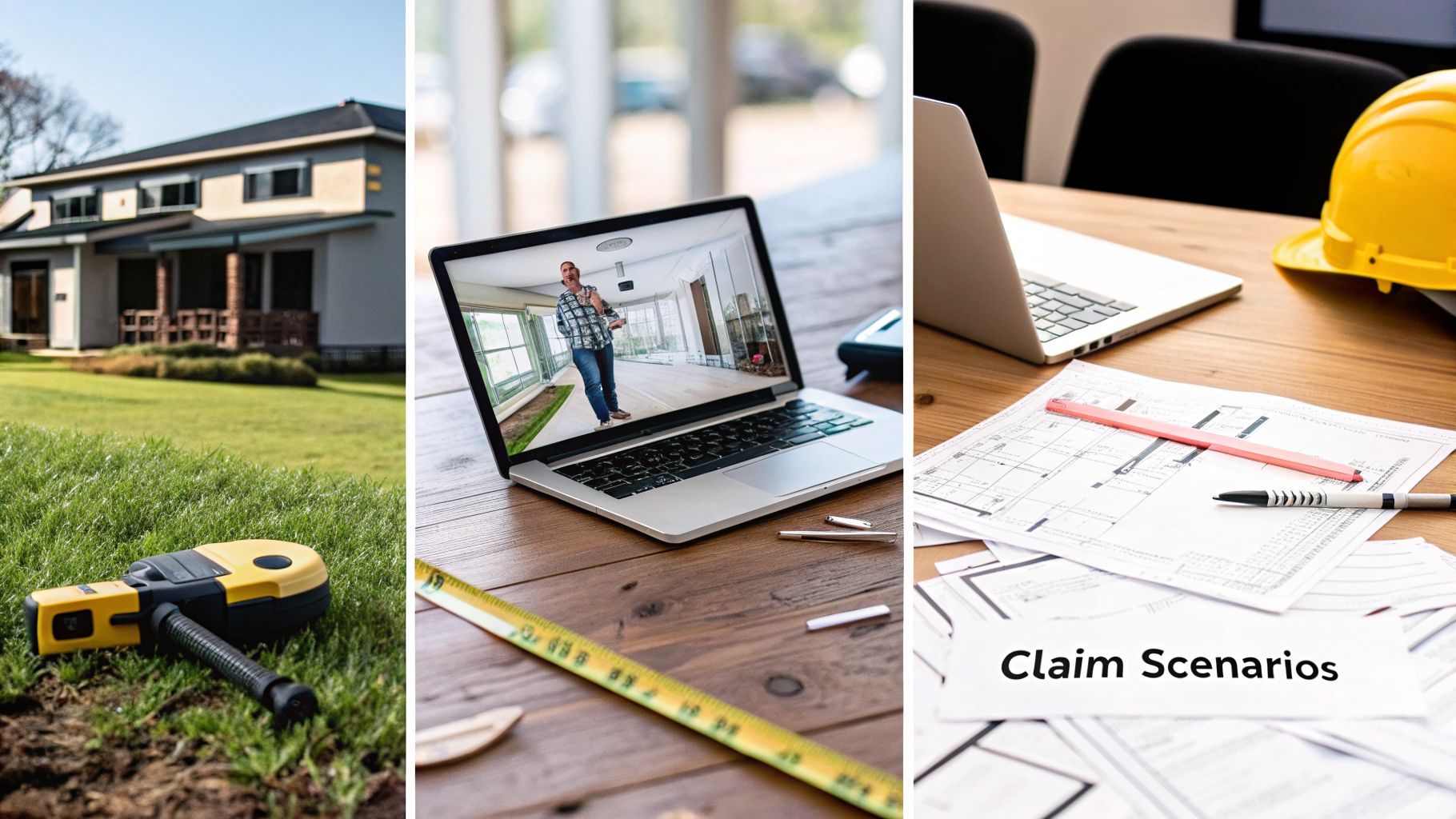Three panels showing a house, a virtual home inspection on a laptop, and architectural plans with a hard hat.