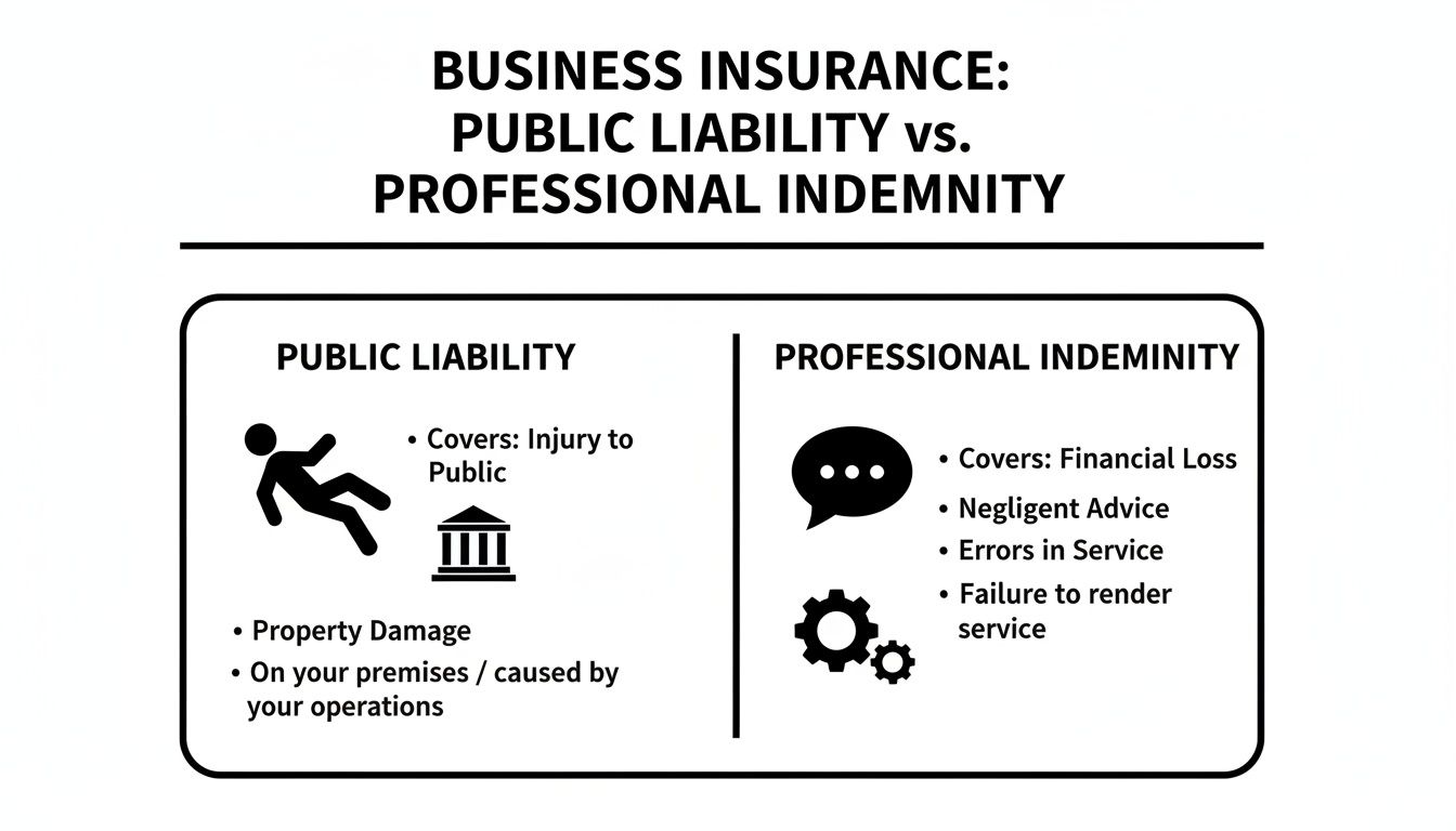 Infographic comparing Public Liability and Professional Indemnity business insurance, outlining their respective coverages.