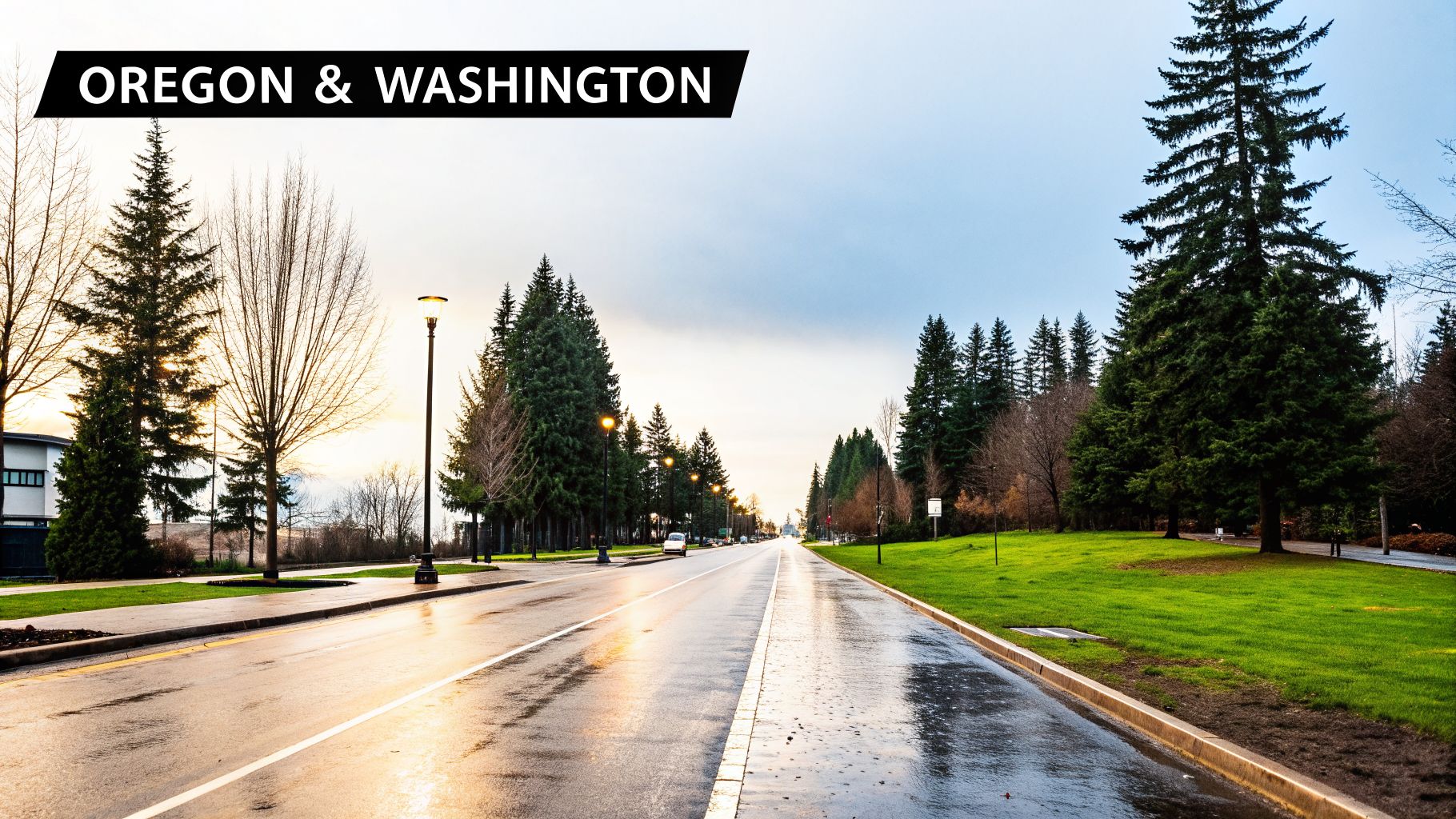 A scenic wet road lined with evergreen trees and streetlights, under a bright sky, in the Pacific Northwest.