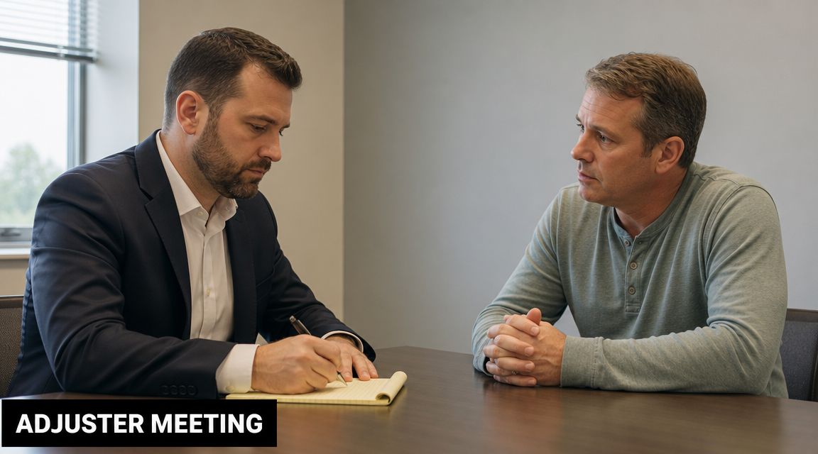 A professional insurance adjuster takes notes while speaking with a policyholder during a claim meeting at a desk.