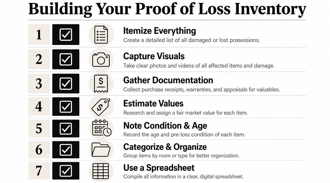 A checklist infographic titled Building Your Proof of Loss Inventory with seven steps for insurance claims.