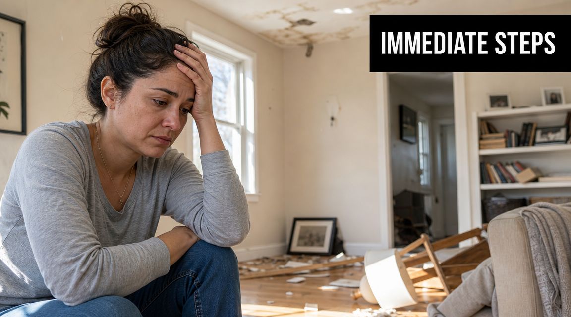 A distressed woman sitting in her damaged home, illustrating the aftermath of property damage.