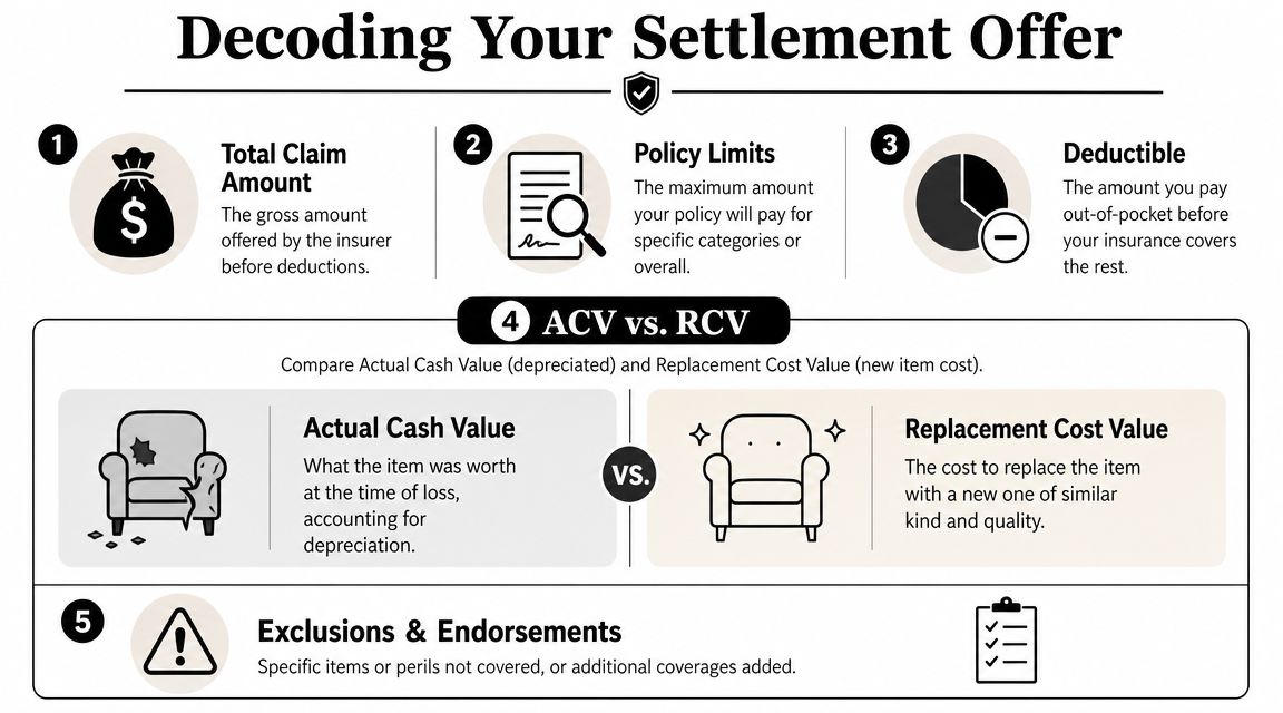 An infographic titled Decoding Your Settlement Offer explaining insurance terms like claim amount, limits, deductible, ACV, and RCV.