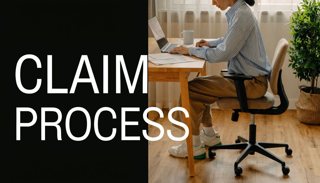 A person sitting at a desk with a laptop and documents, illustrating the insurance claim process.