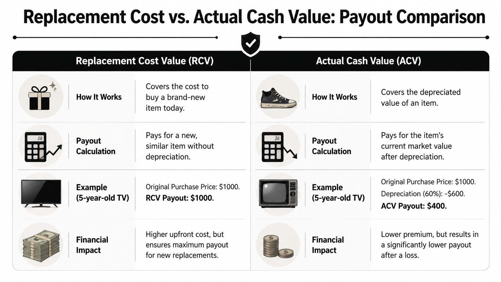 A comparison chart explaining the differences between Replacement Cost Value and Actual Cash Value insurance policies.