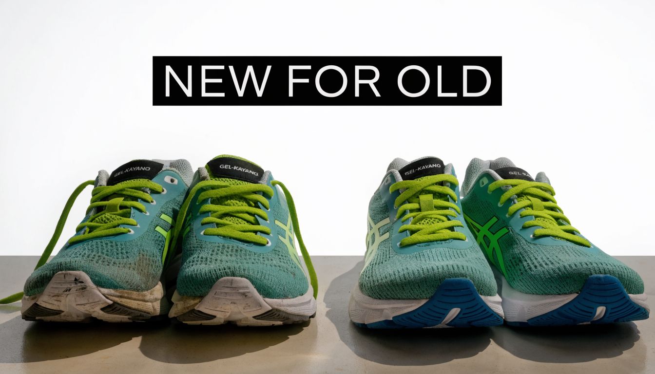 A pair of worn-out running shoes placed next to a brand new, clean pair of identical sneakers.
