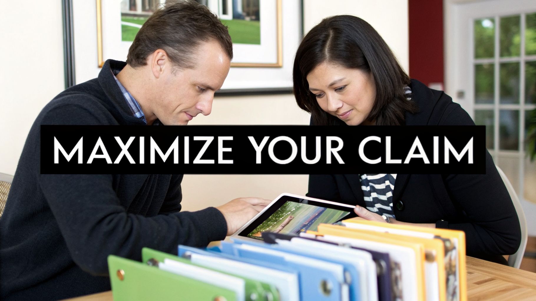 Two professionals, a man and a woman, reviewing documents on a tablet to maximize a claim.