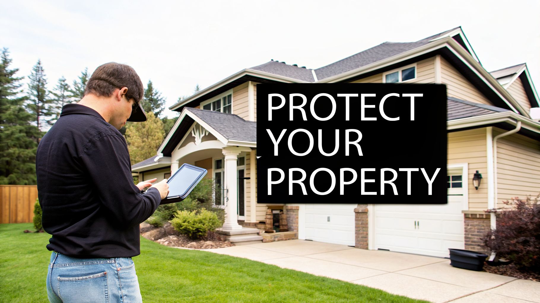 A man uses a tablet in front of a modern house with a 'Protect Your Property' sign.