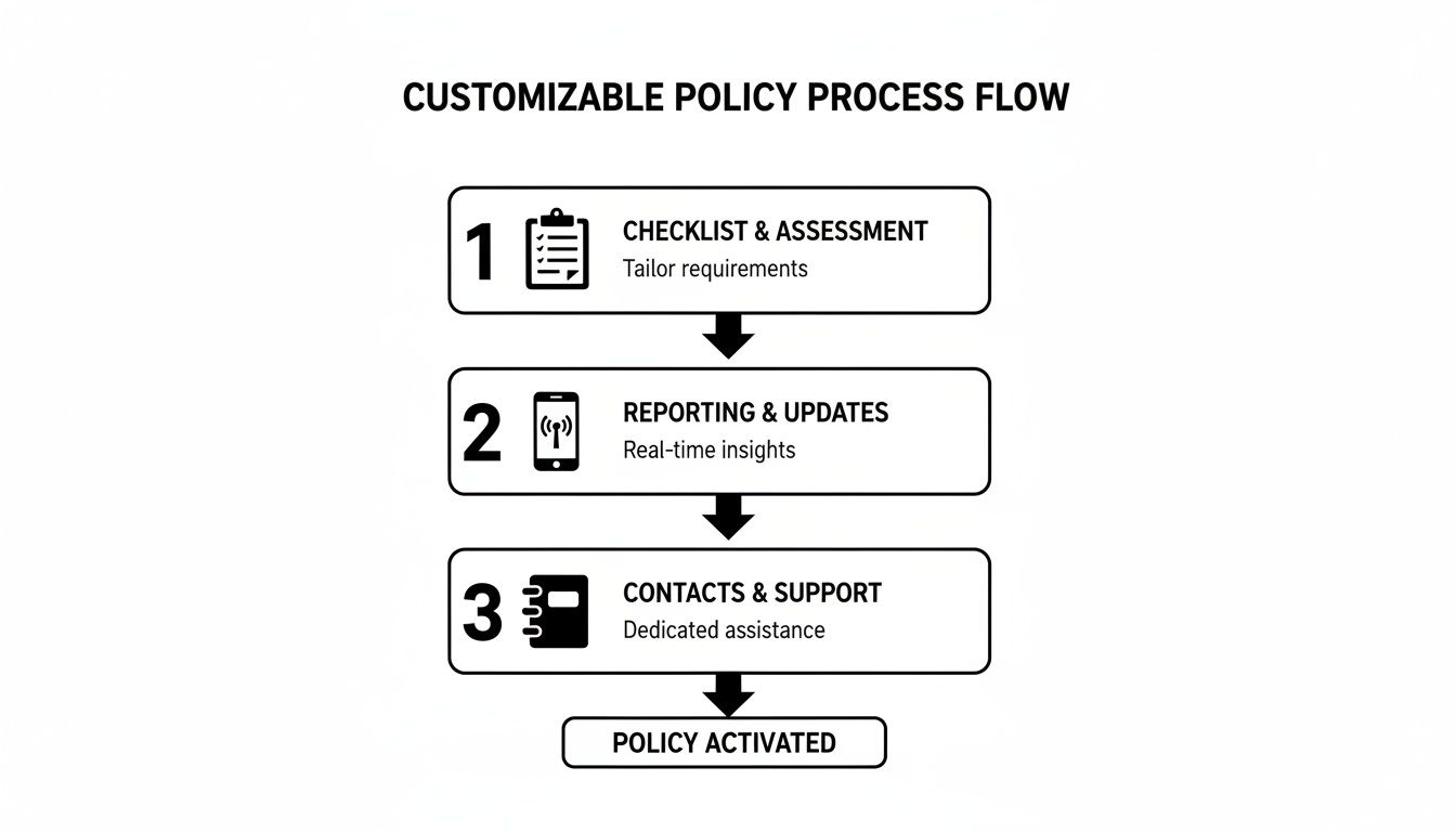 A customizable policy process flow diagram with three steps: checklist, reporting, and contacts, leading to policy activation.
