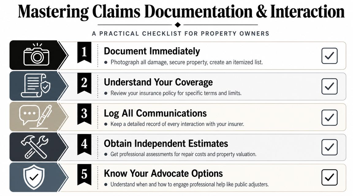 An infographic checklist for property owners on mastering claims documentation and insurance interactions through five practical steps.