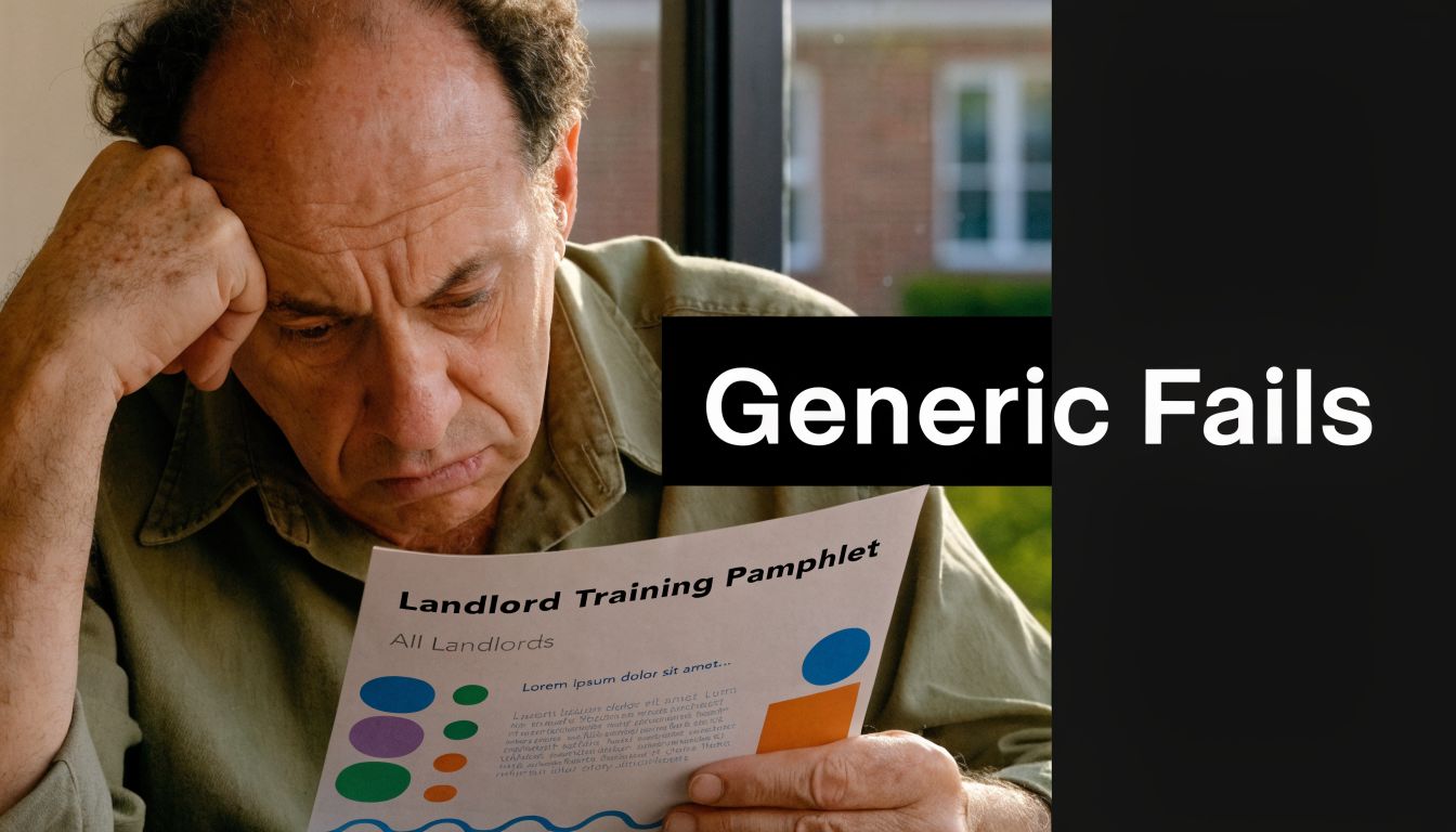A concerned older man looking at a generic Landlord Training Pamphlet with Lorem Ipsum placeholder text.