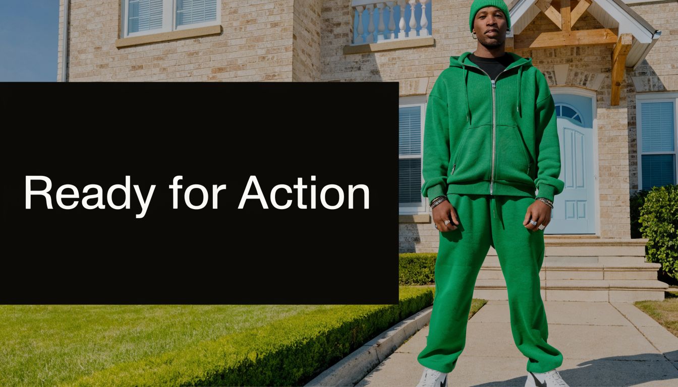 A man wearing a green tracksuit and beanie standing confidently in front of a suburban home.