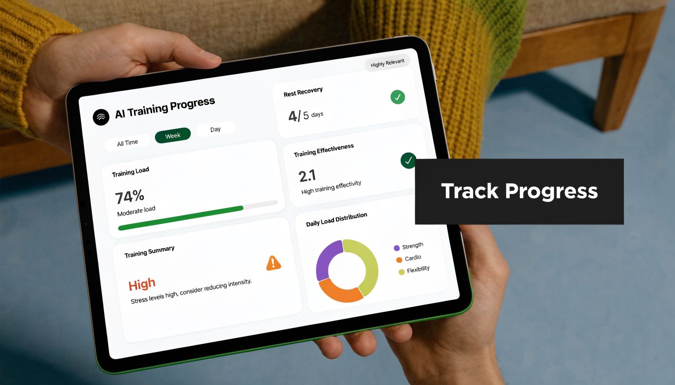 A person holding a tablet displaying an AI training progress dashboard showing fitness metrics and load data.