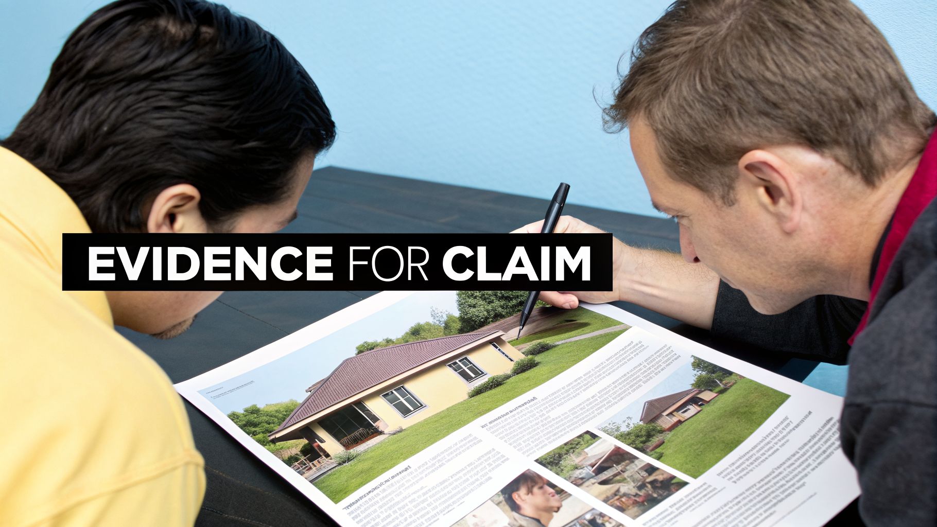 Two men examining a document displaying house photos, one pointing, with 'EVIDENCE FOR CLAIM' text.