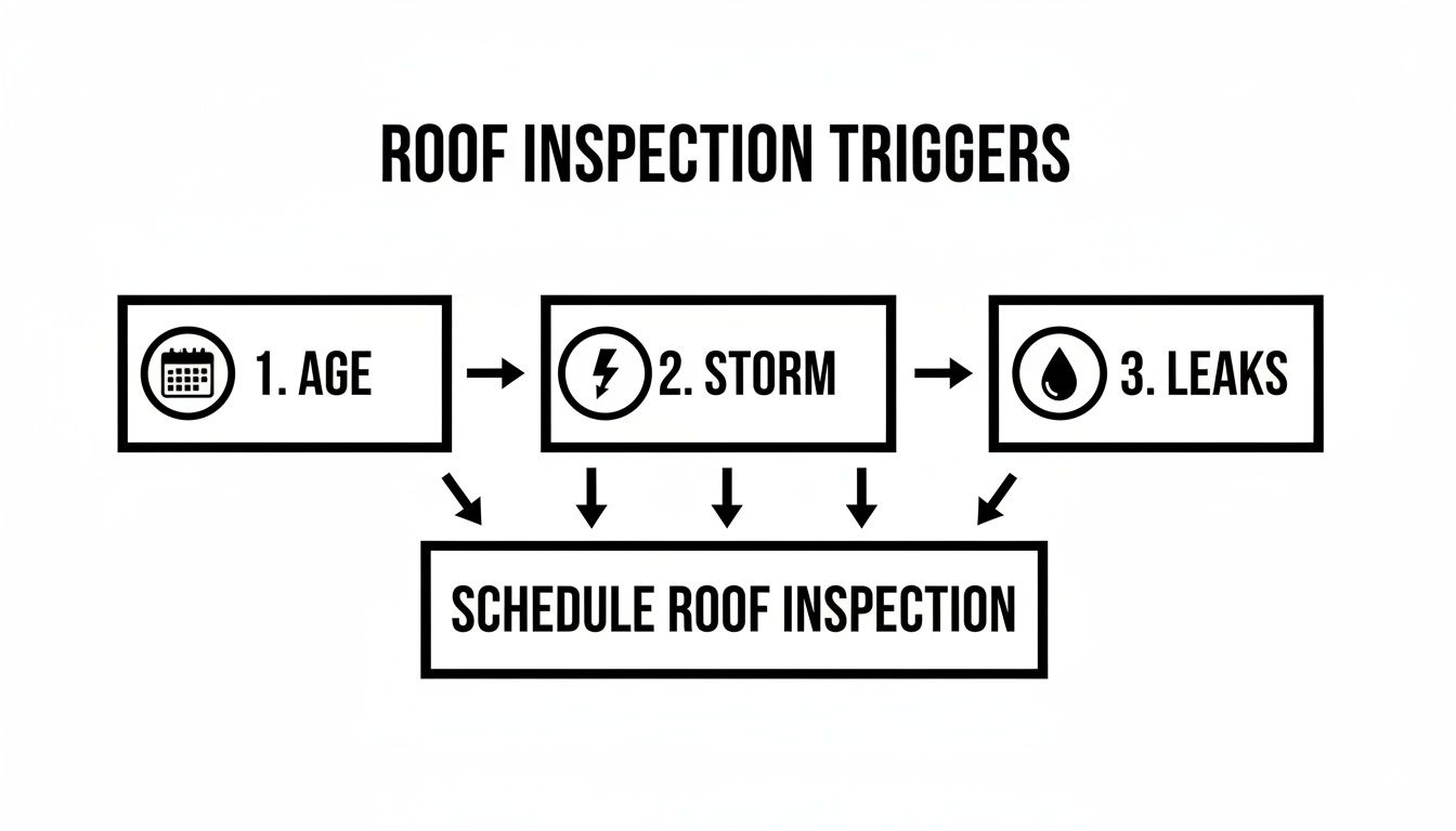 Flowchart illustrating the key triggers for scheduling a roof inspection: age, storm damage, and leaks.