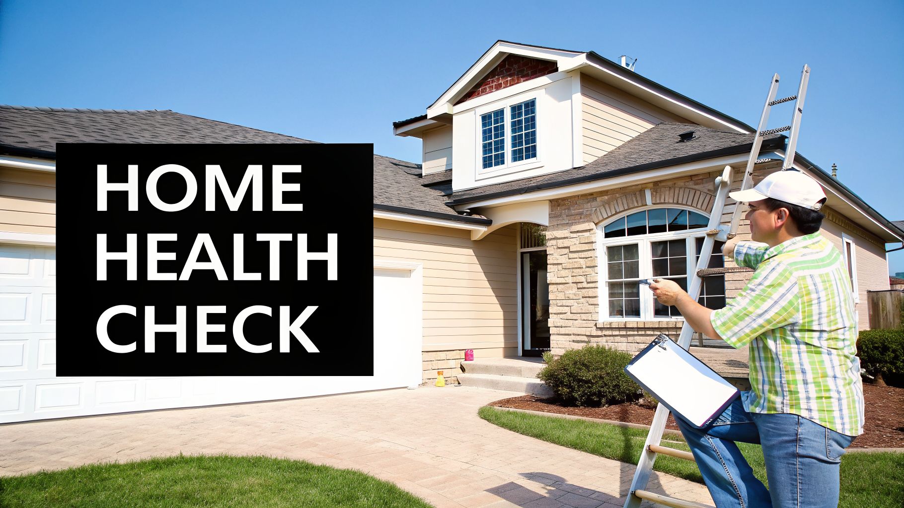 A man on a ladder inspects the exterior of a house with a 'HOME HEALTH CHECK' sign.