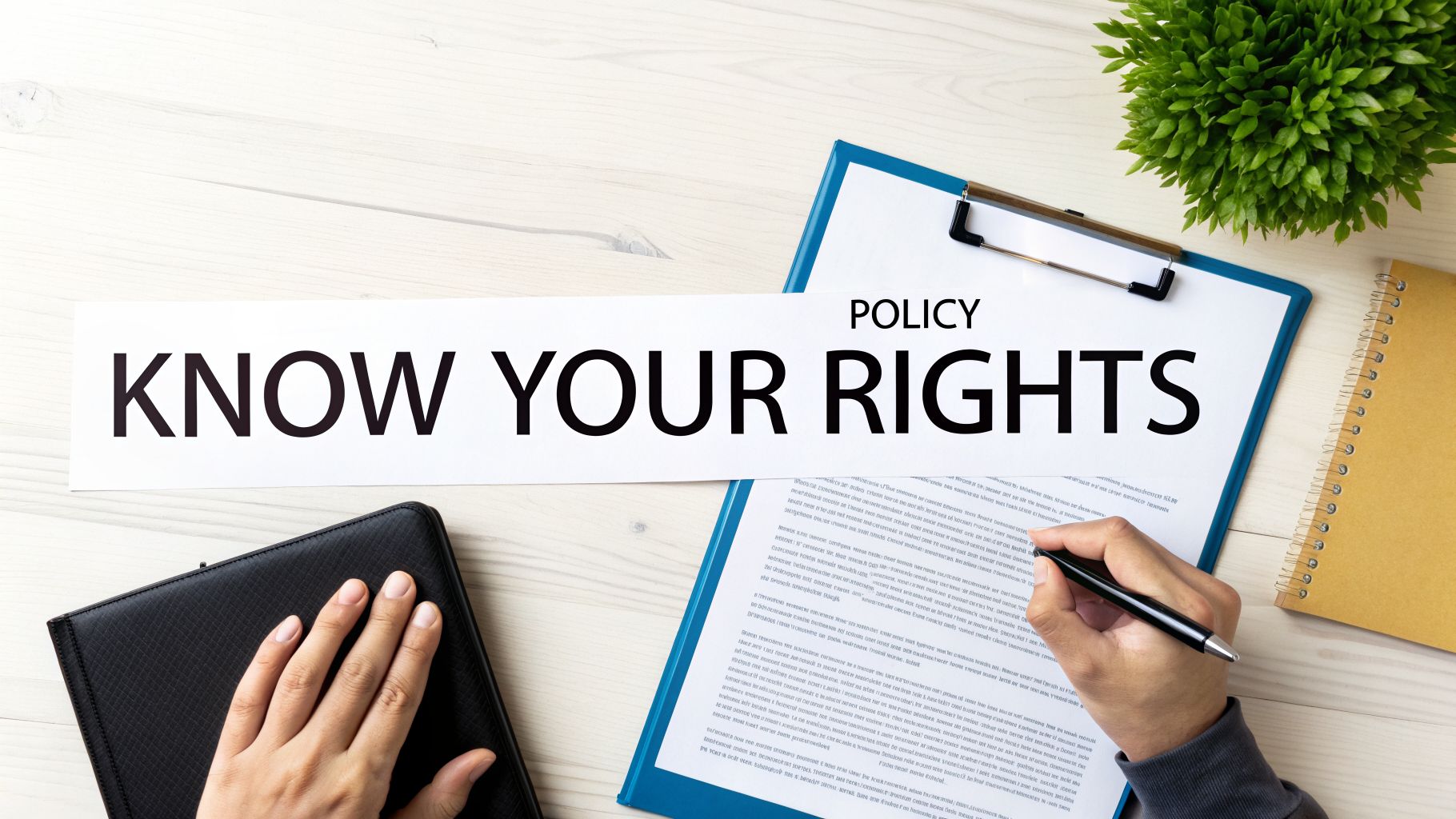 Overhead shot of a person writing on a policy document, with a 'KNOW YOUR RIGHTS' banner.