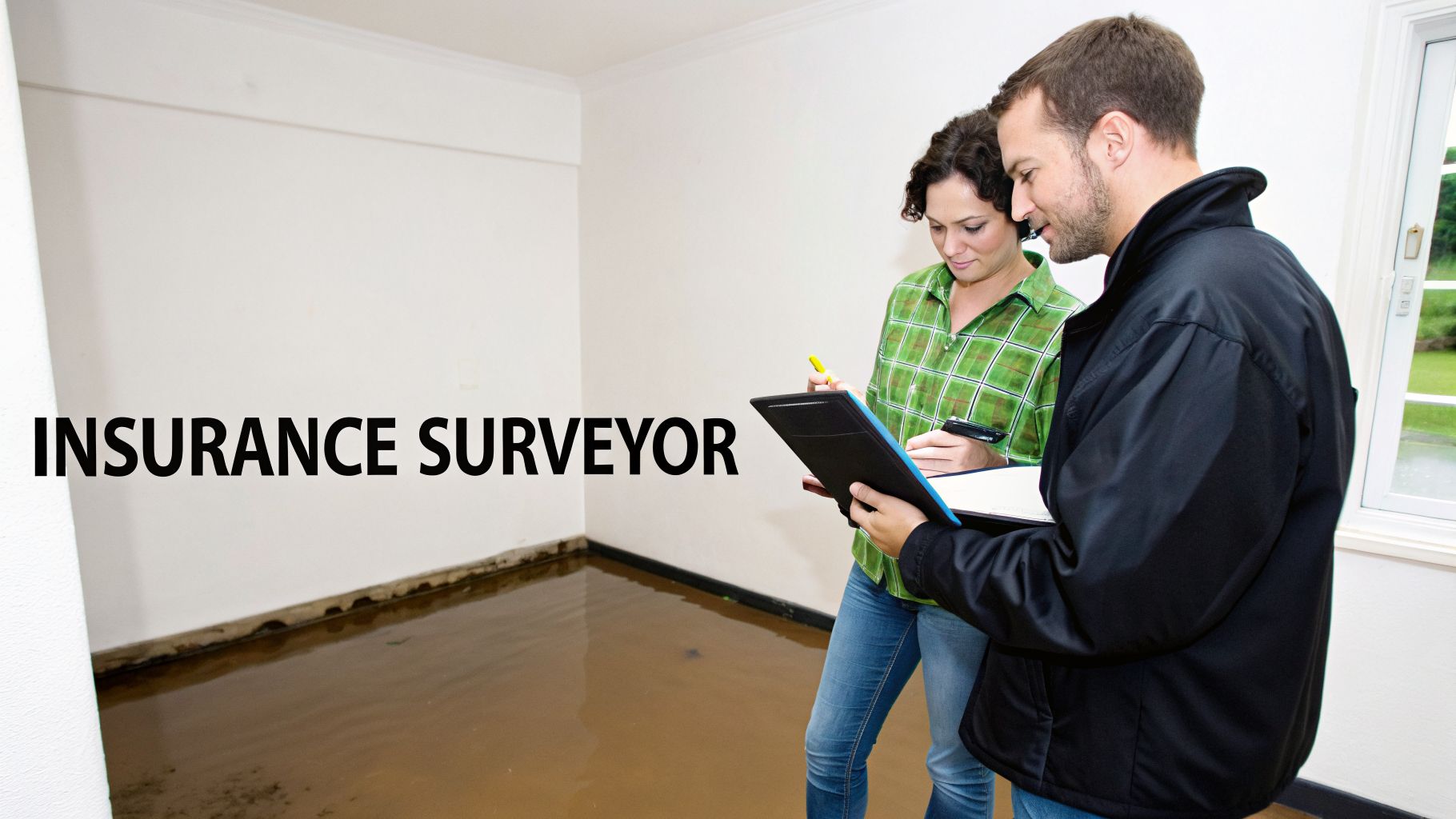 An insurance surveyor and a woman assess a flooded room, documenting water damage with a clipboard.