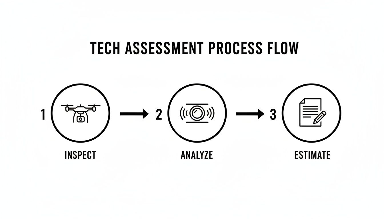A three-step tech assessment process flow showing inspect with a drone, analyze with a sensor, and estimate with a document.