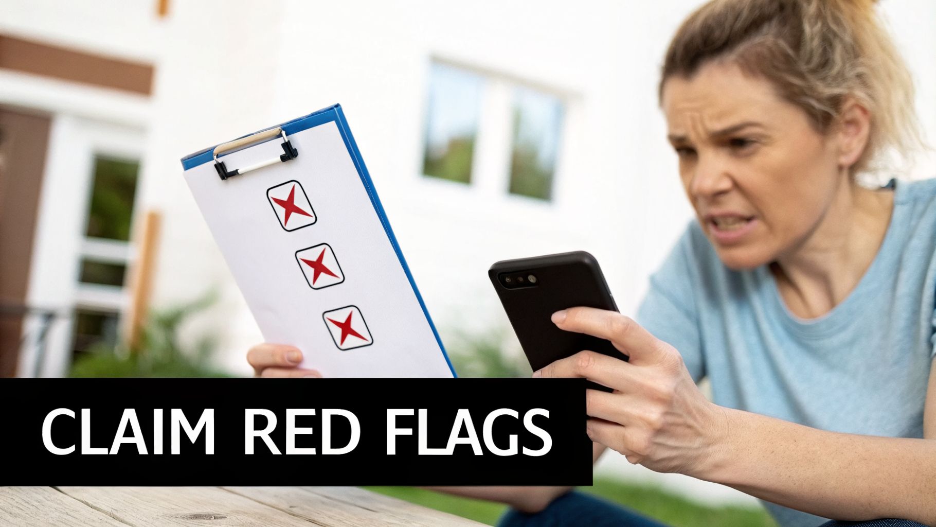 Frustrated woman holds a checklist with red 'X' marks and a smartphone, highlighting claim red flags.