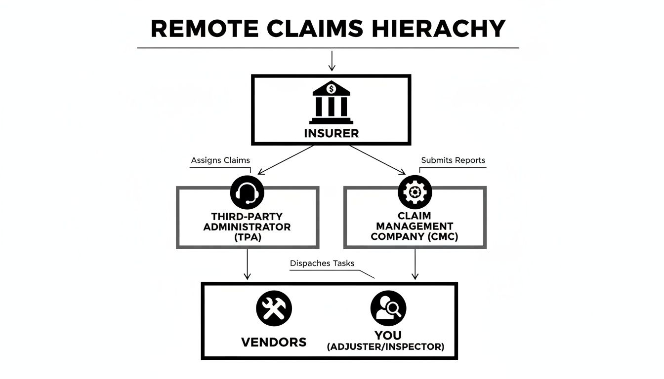 Diagram illustrating the remote claims hierarchy, from insurer to third-party administrators and adjusters.