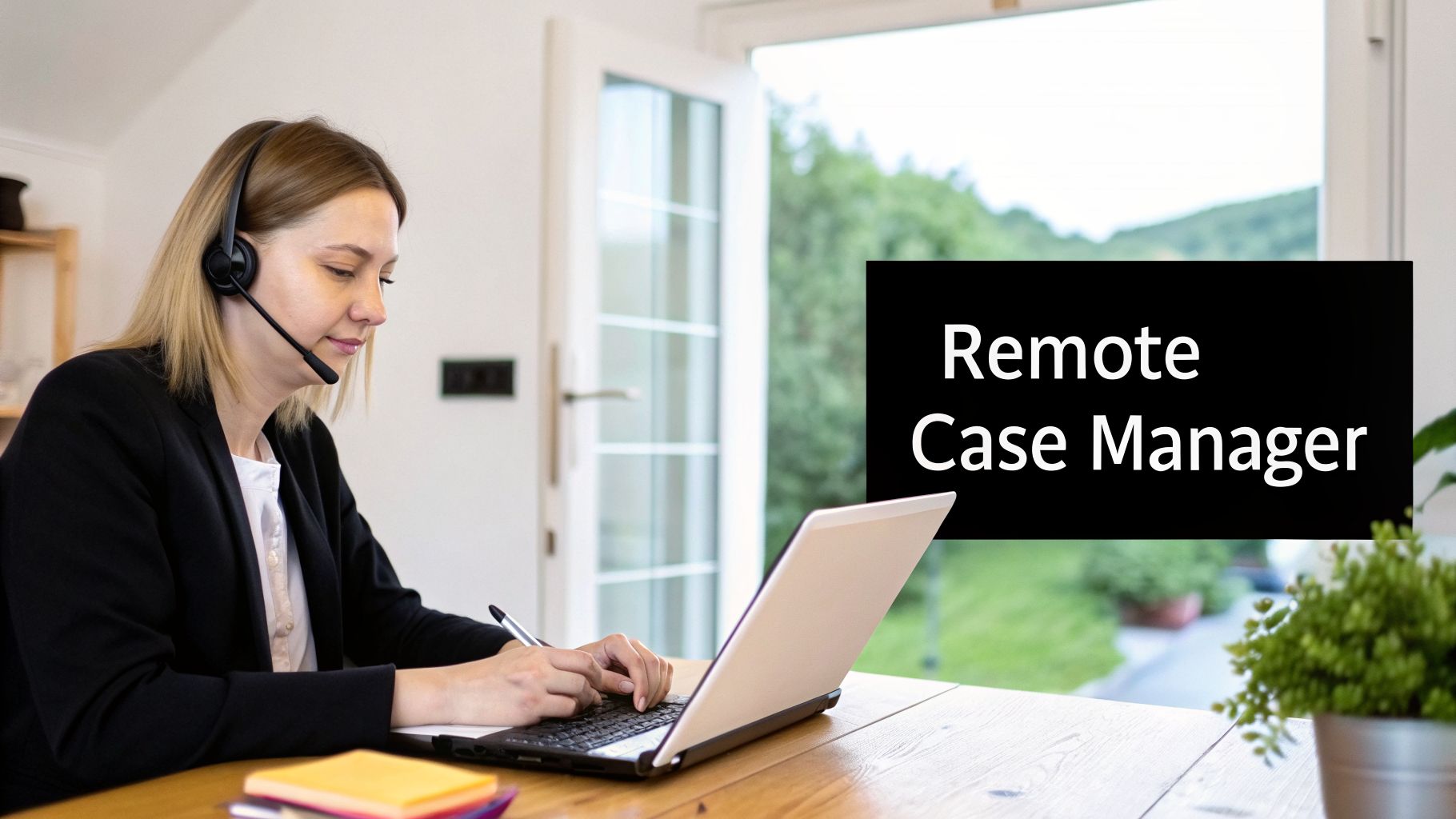 A woman with a headset works on a laptop at a table, with 'Remote Case Manager' text.